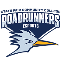 State Fair Community College Esports Roadrunners logo with stylized text and a cartoon roadrunner head in shades of blue with an orange beak