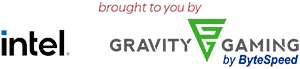 the words "brought to you by" and logos for Intel (black text with a blue dot) and Gravity Gaming by ByteSpeed (grey/blue text with a green GG logo triangle)