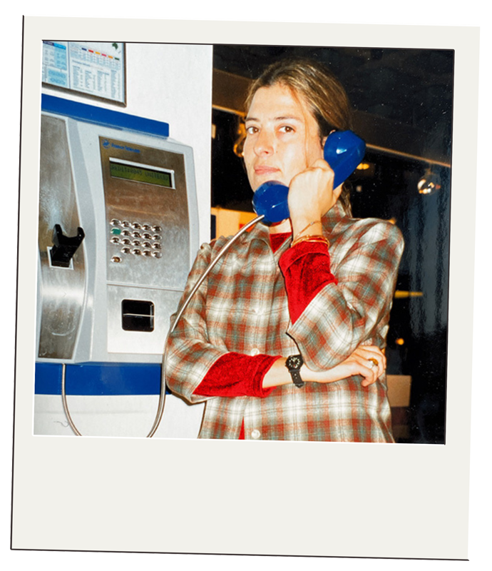 Justine Shapiro on a pay phone