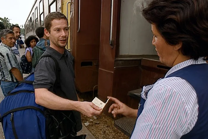 Ian giving his ticket to a train conductor