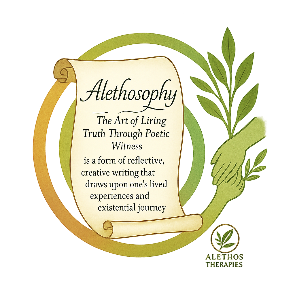 Illustration of a scroll with the word 'Alethosophy' in elegant script. Bellow text reads:The art of living truth trough poetic witness. The scroll is framed by circular gradients in warm organge and green. To the right a green had clasps another han