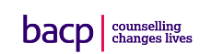 BACP logo with the text 'counselling changes lives' in purple and pink