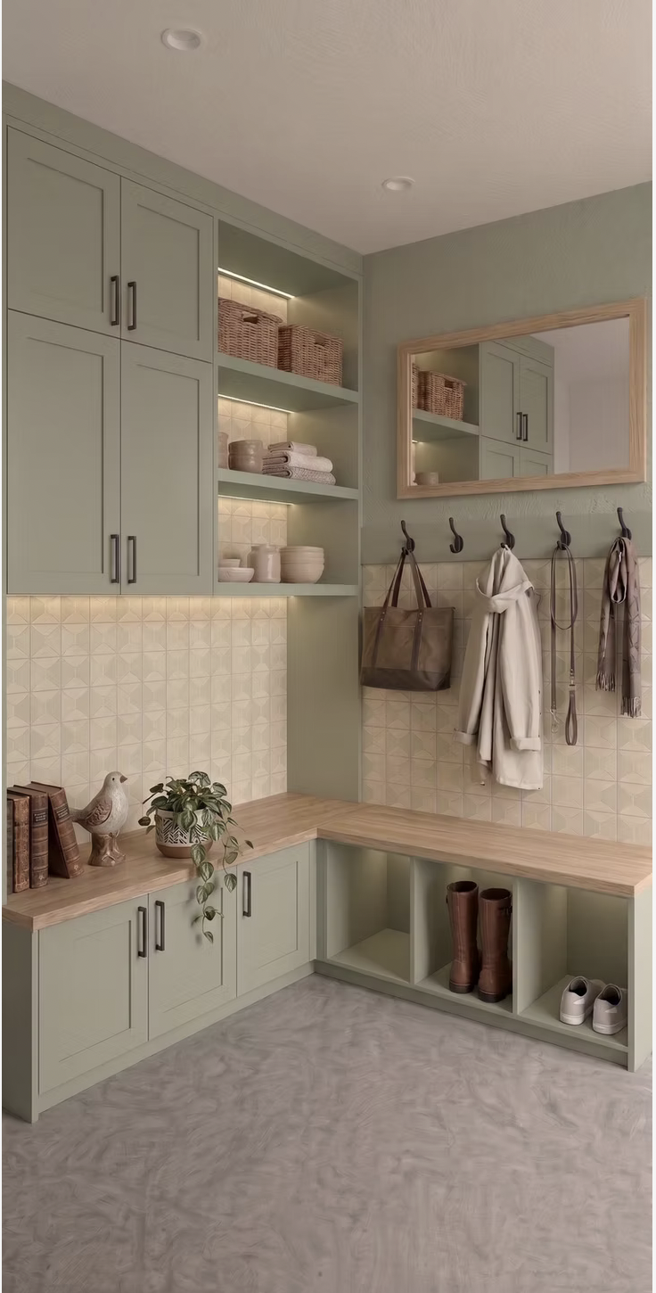 Entryway with green cabinets, open shelves, a mirror, coat hooks with bags and coats, and a wooden bench with shoes.