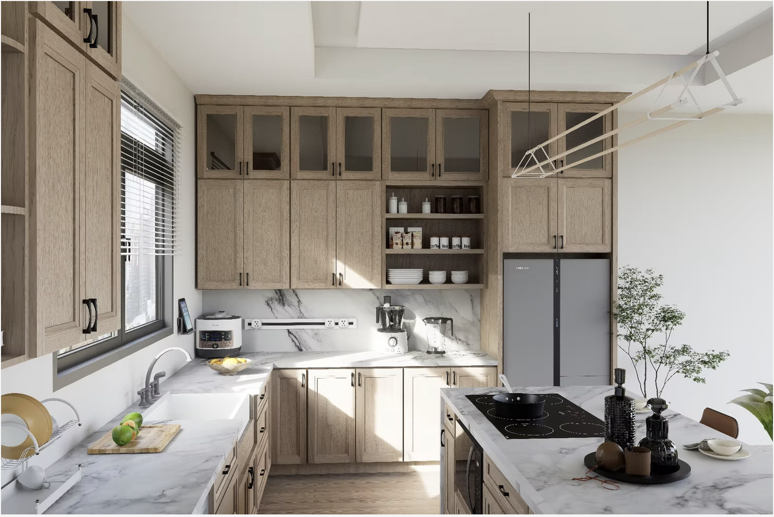 Modern kitchen with wooden cabinets, marble countertops, a window with blinds, and various kitchen appliances including a rice cooker and blender. There is a built-in stovetop, open shelves with cups and jars, and a small plant in the corner. The kit