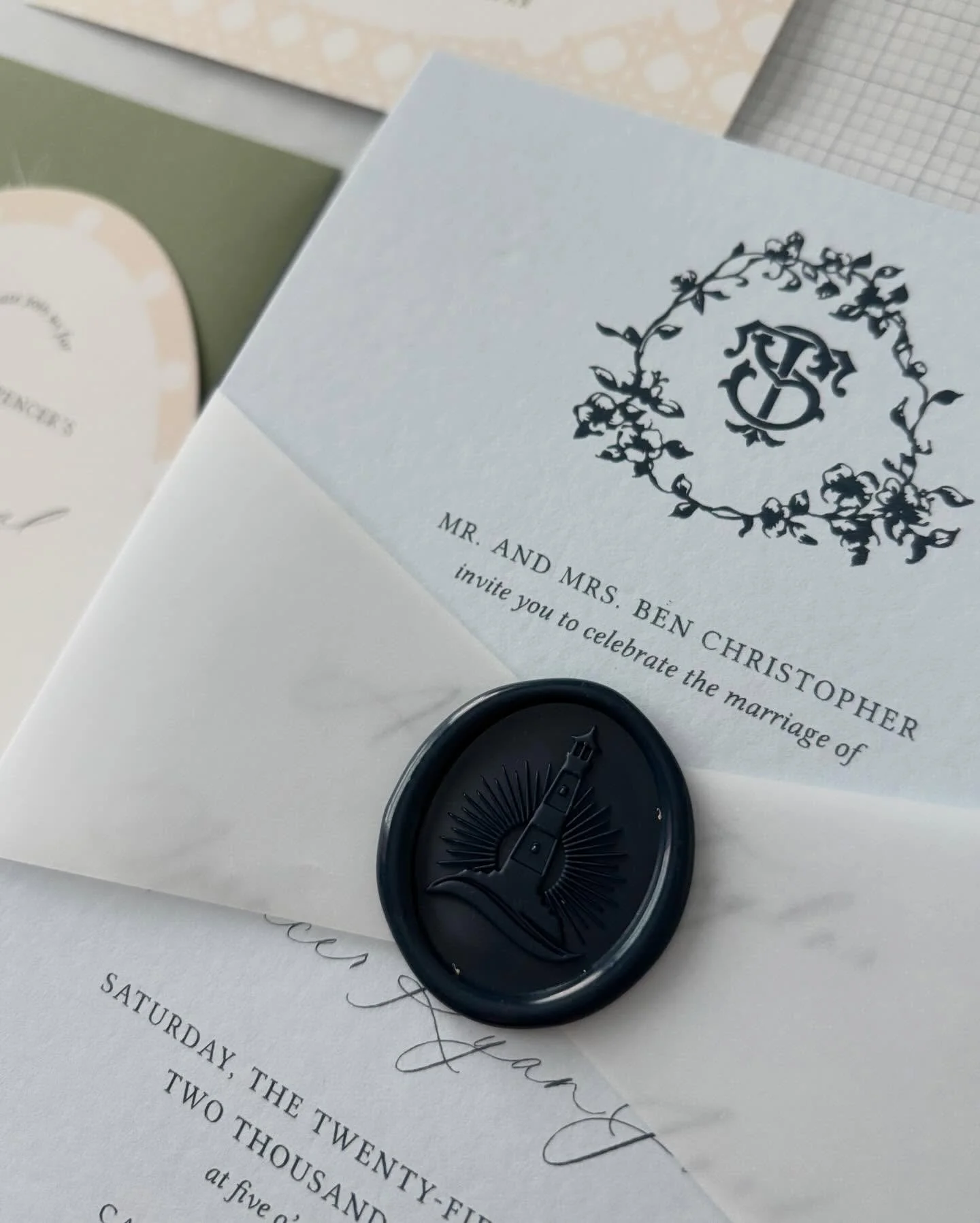 The BEST part of using a custom designer? I can make something that is truly yours like incorporating a lighthouse that was the favorite of a recently passed family member. This beautiful dedication stayed with me all year and I loved how the vellum 