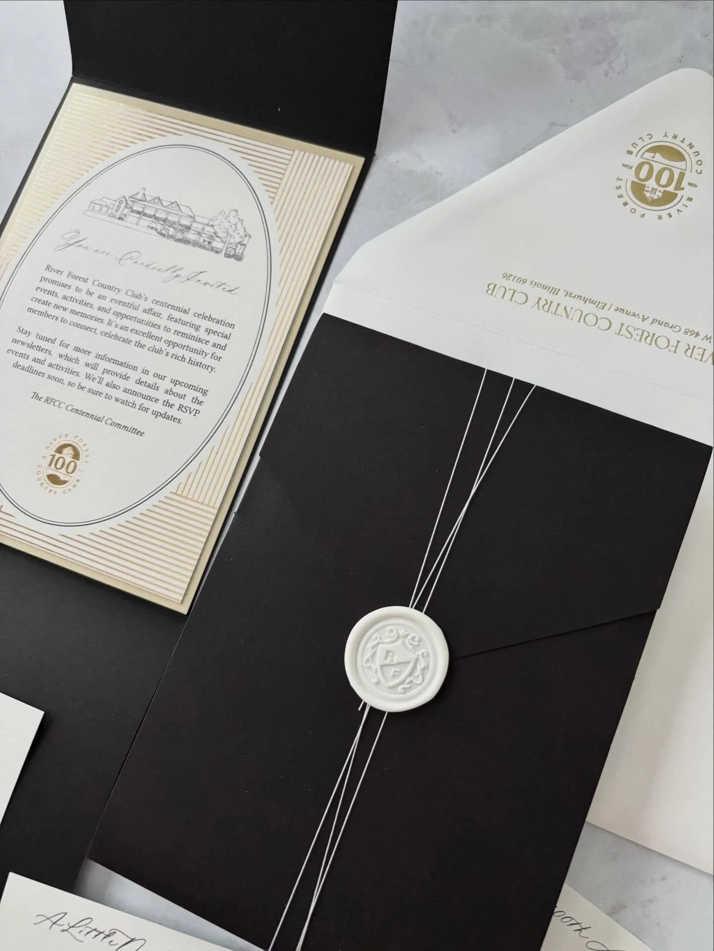 A black and gold gala? Yes, please! This was a beautiful pocket suite with thermography, foil, wax seals and mounted invitations. What a fun invite to receive in the mail! 

#foil #waxseal #blacktie #weddinginspo #weddinginvitations