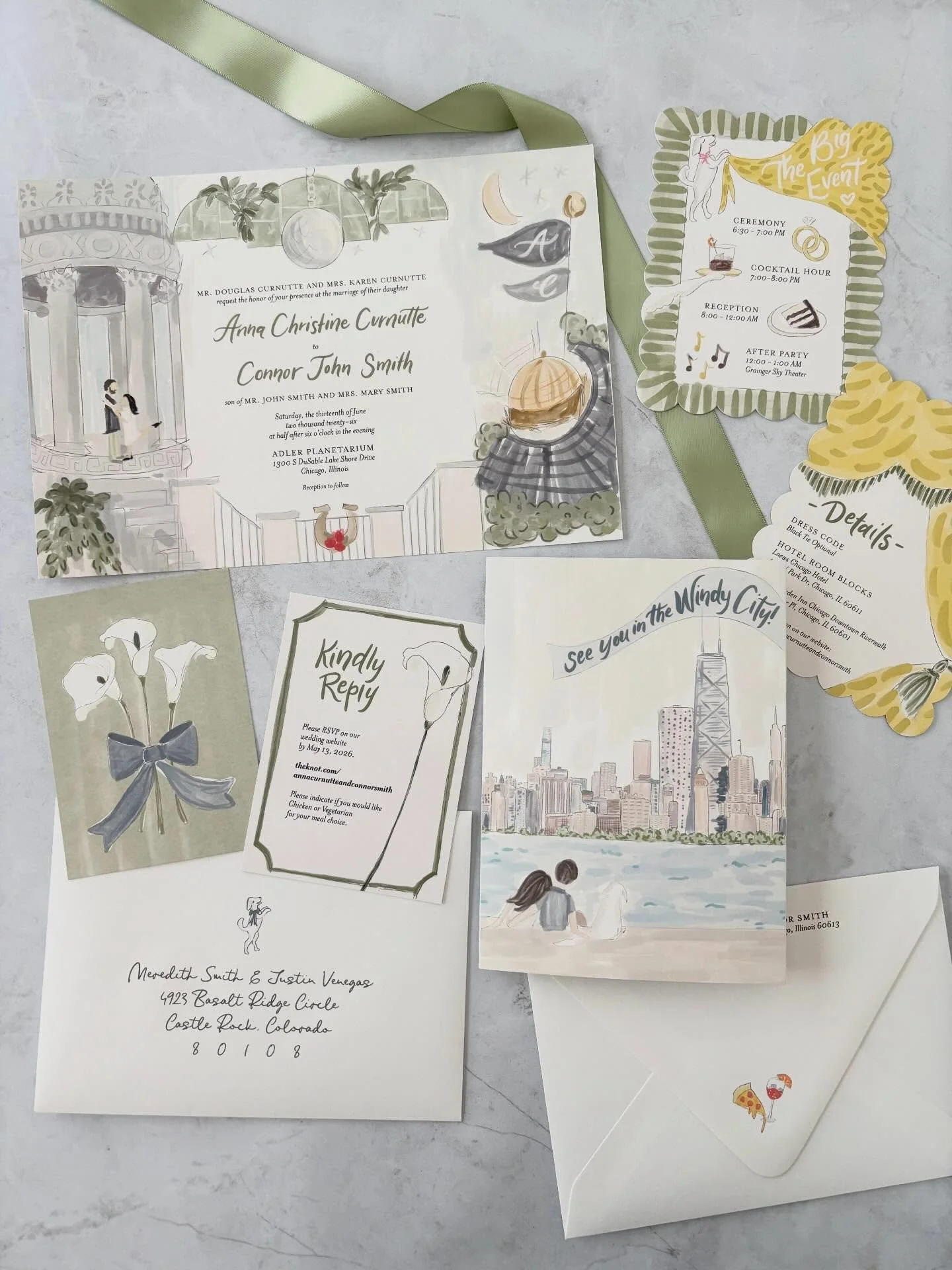 I&rsquo;m finally getting around to photographing some new work! This one was truly a test of skills for me! A fully illustrated wedding invitation suite is lots of work but so worth it to have such a custom piece that really represents you in every 