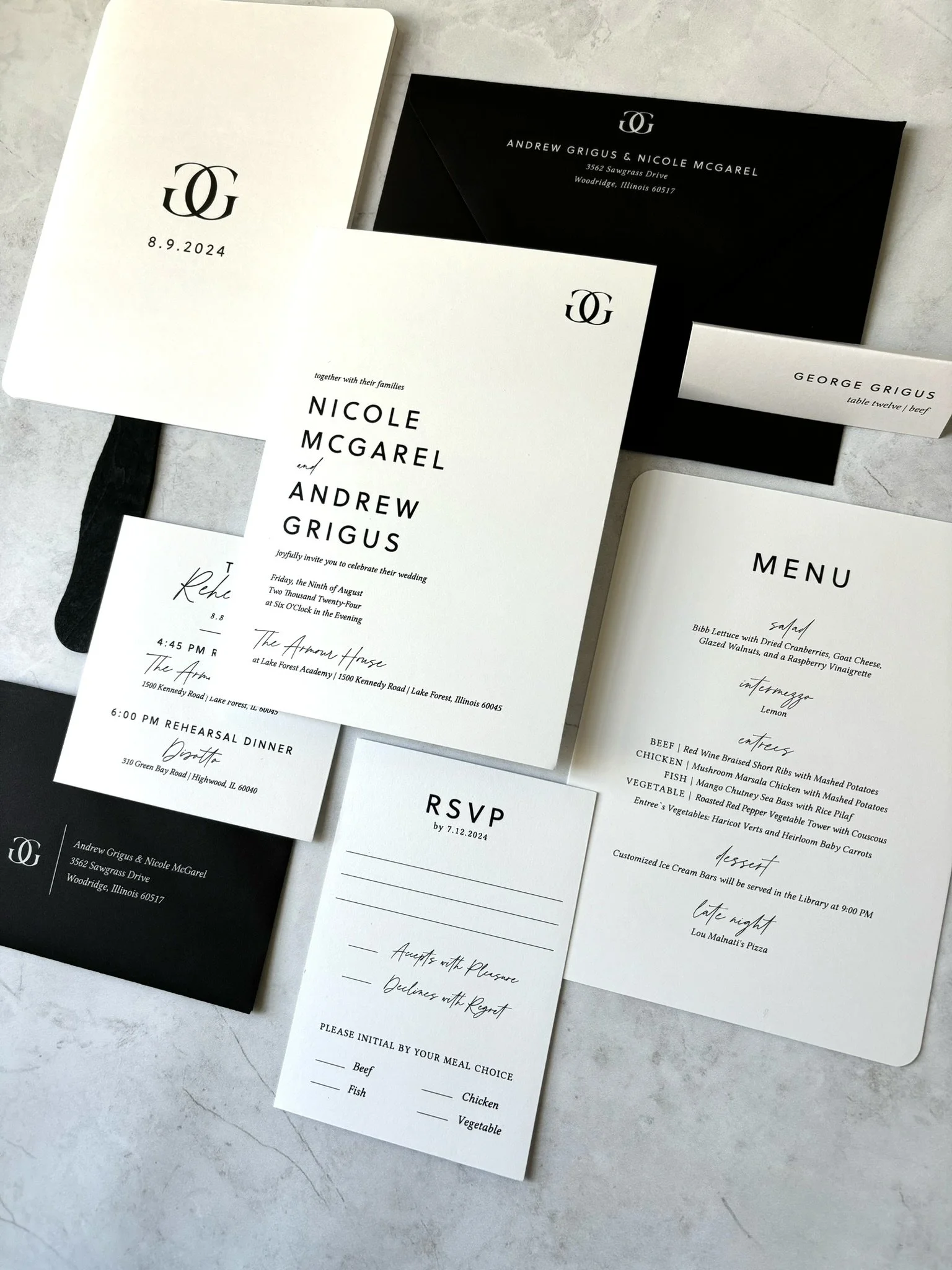 Black and White Digital Wedding Invitation Black Envelope with White Ink