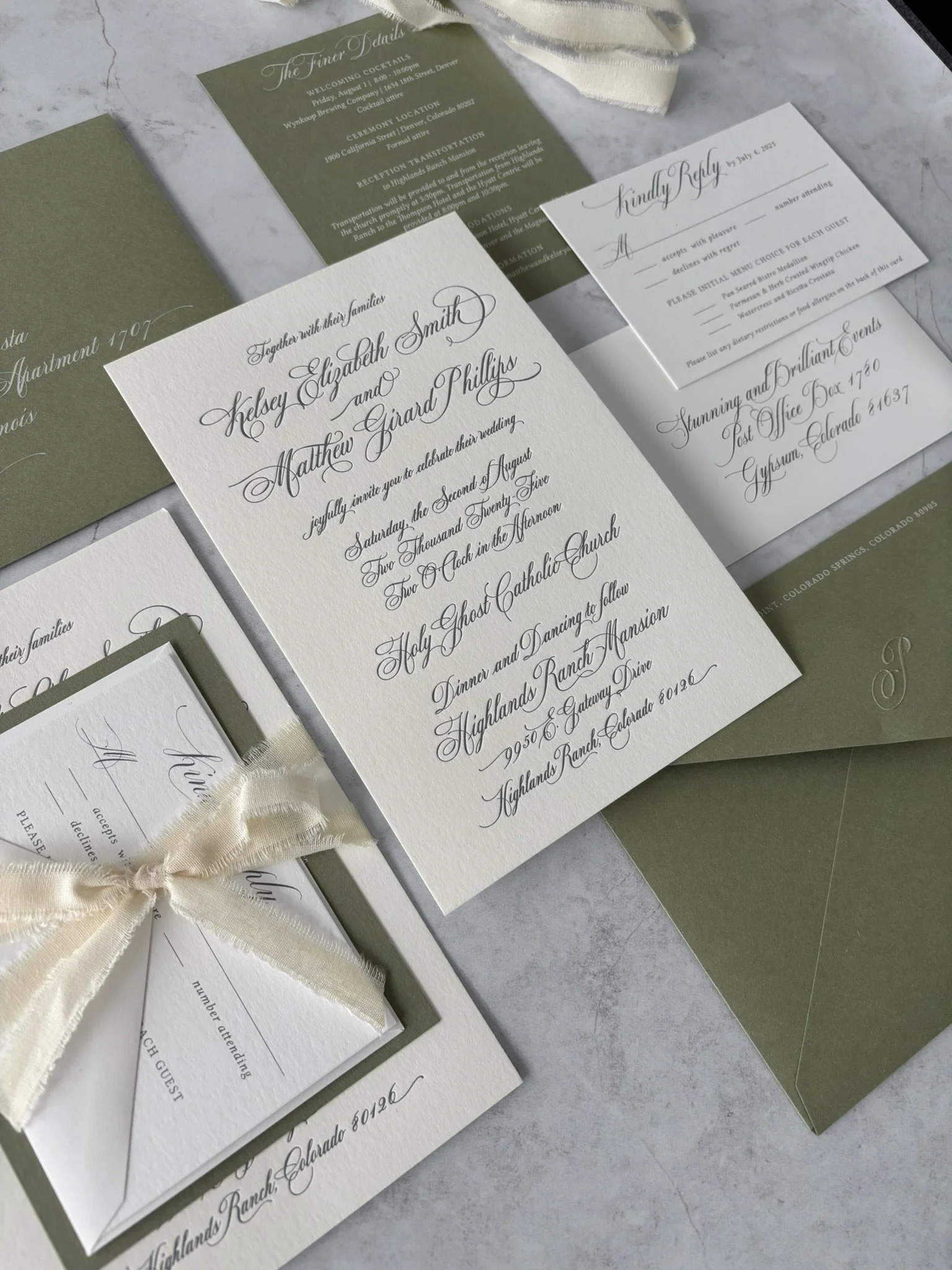 Full Calligraphy Letterpress Wedding Invitation with Ribbon and Mid Green Envelope Emboss