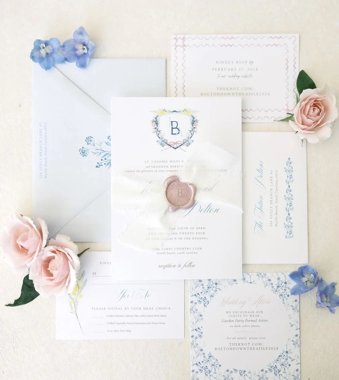 Wax Seal and Ribbon Wedding Invitation Digital Floral Blue