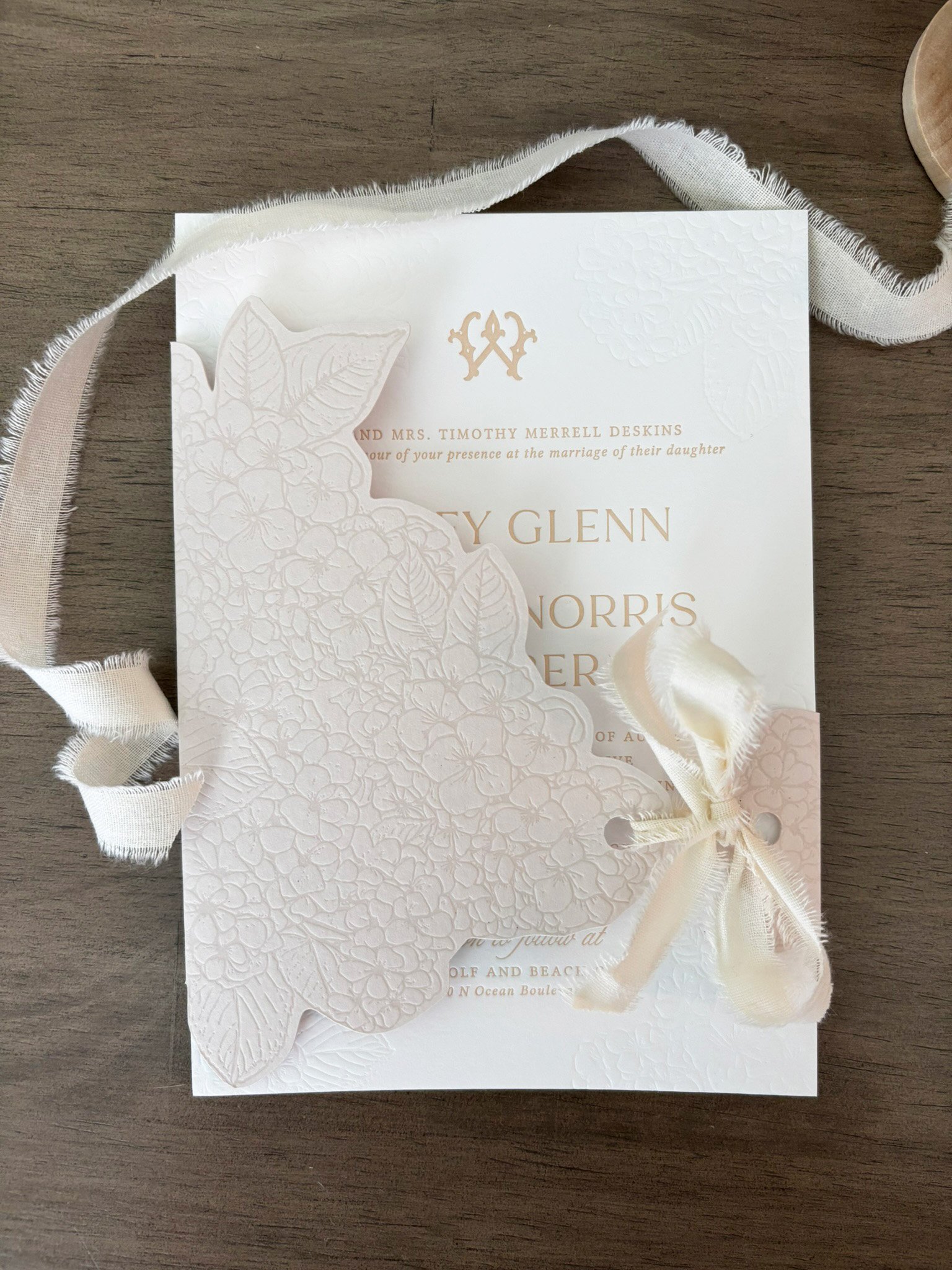 Custom Die Cut Letterpressed Belly Band Wrap and Tie with Ribbon