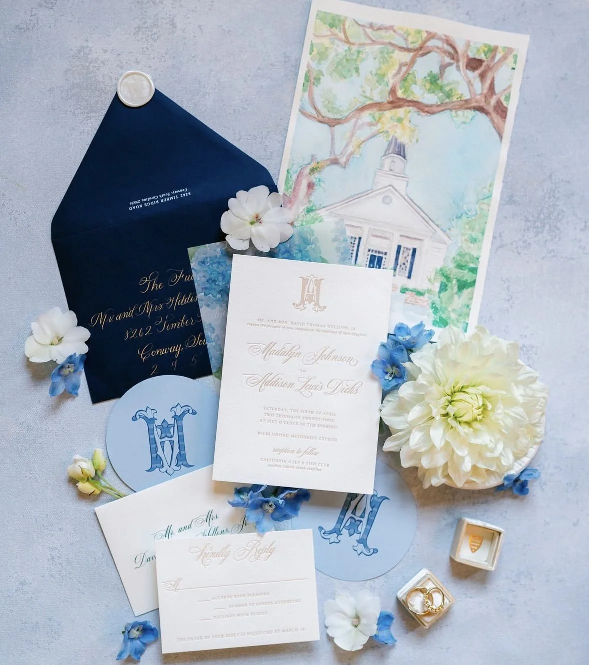 Watercolor Monogram Blue Wedding Invitation Southern Bride