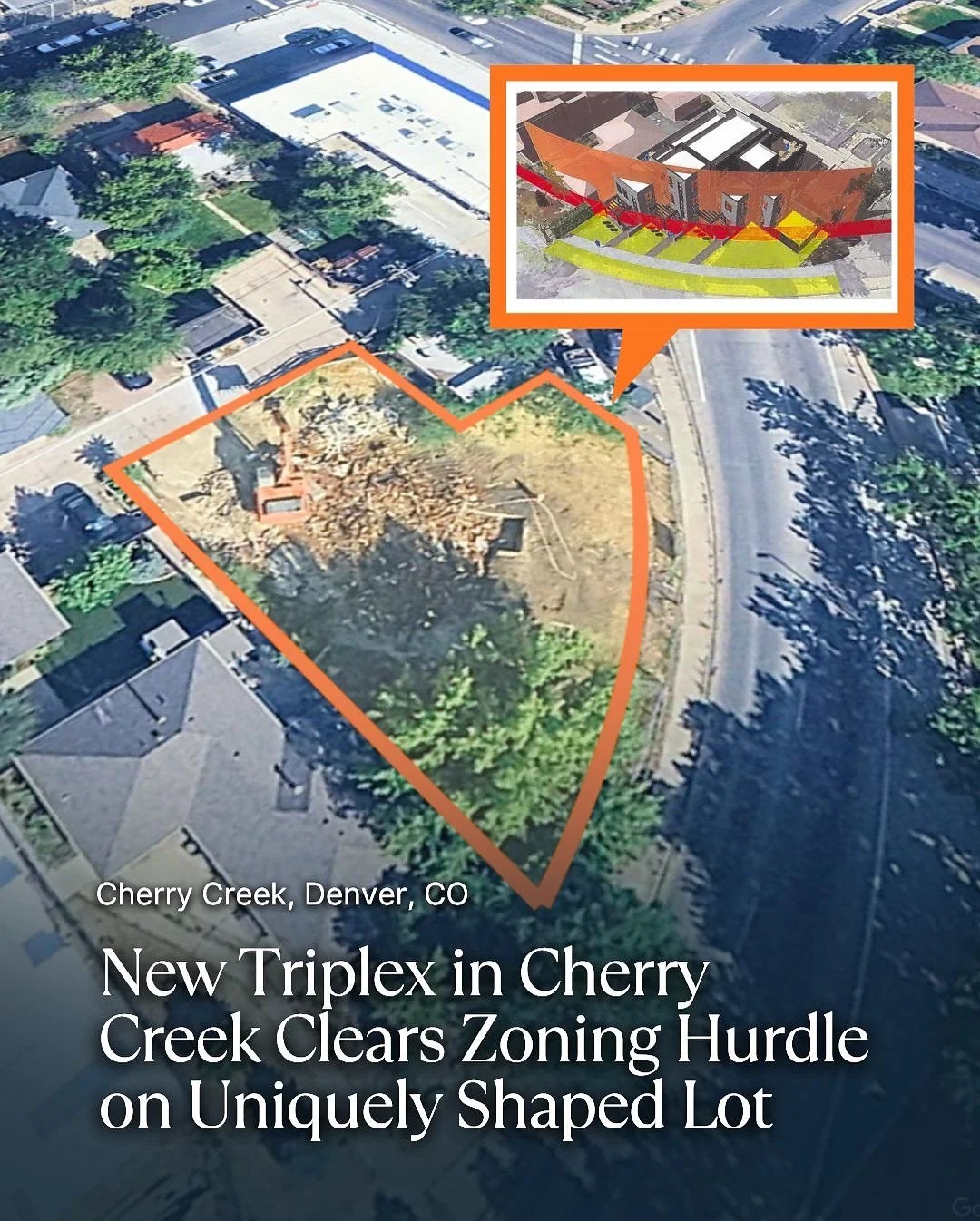 A new triplex has been approved for the uniquely shaped lot at 555 Josephine Street in Cherry Creek, as the team has officially cleared its zoning variance.

The Board of Adjustment approved the setback relief last month, allowing the project to move