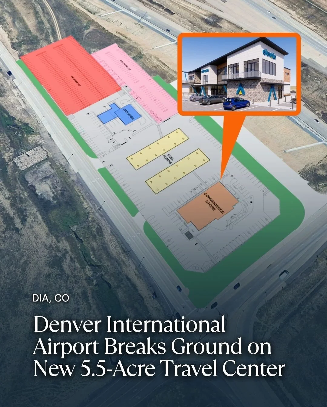 A new project is underway near Denver International Airport.

Construction has started on Elevate, an almost 5.5-acre travel center featuring fueling stations, EV charging, a two-story convenience store, coffee and food offerings, a rooftop bar, a do