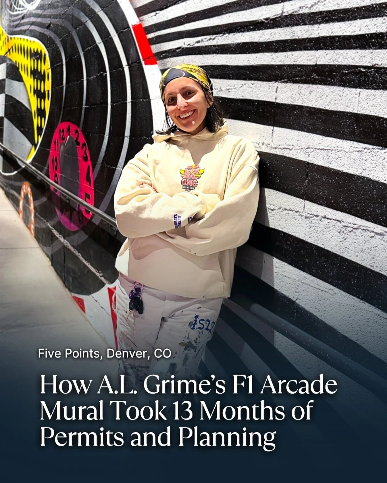 A.L. Grime&rsquo;s new mural at F1 Arcade is officially complete after an 13-month process that included multiple design rounds, coordination with an active construction site, and Denver&rsquo;s exterior mural permitting requirements.

We spoke with 