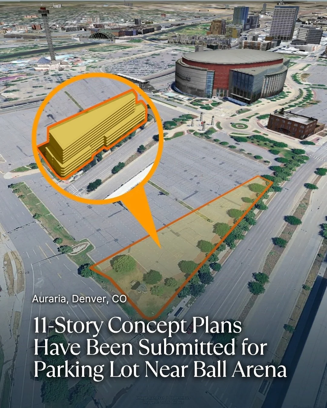 A new concept submission outlines a potential redevelopment of Camry Lot South along Auraria Parkway near Ball Arena.

The parcel is owned by MSU Denver and is located within the Central Platte Valley Auraria zoning district. This filing represents a