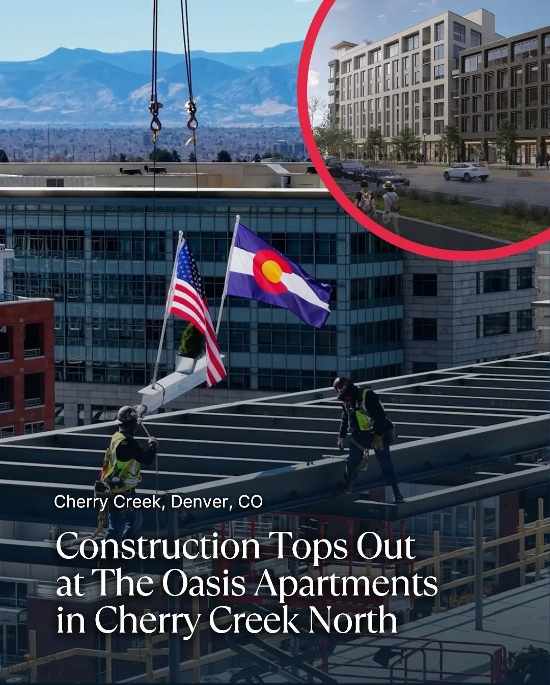 Construction has reached a major milestone at The Oasis Apartments in Cherry Creek North.

Crews with @beckgroup have officially topped out the structure at 299 Milwaukee Street, marking completion of the building&rsquo;s primary structural frame.

T