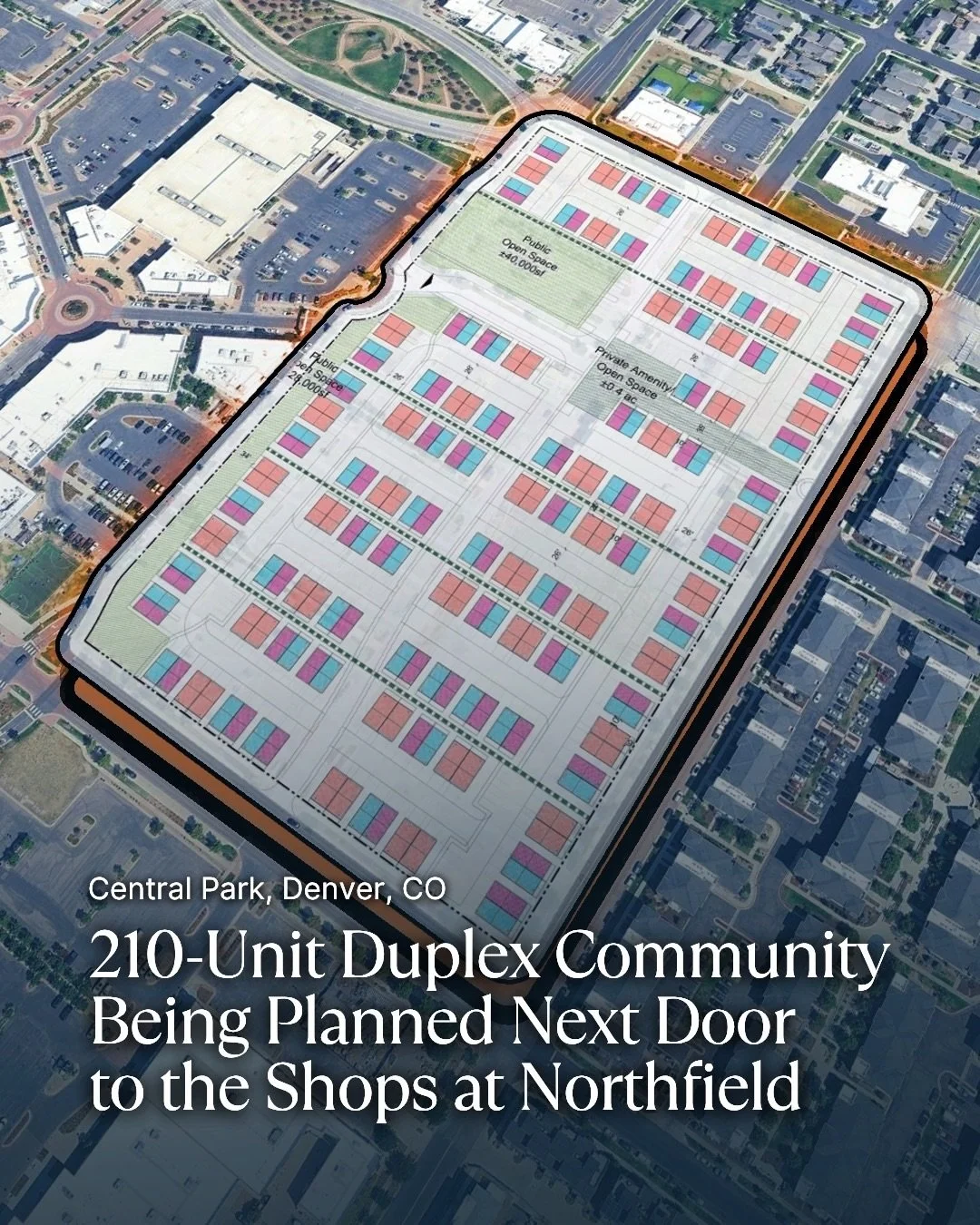 Another giant dirt lot next to the Shops at Northfield is being proposed for redevelopment as a 210-unit duplex community.

The concept plan would replace an existing surface parking area with a new residential neighborhood made up of three- and four