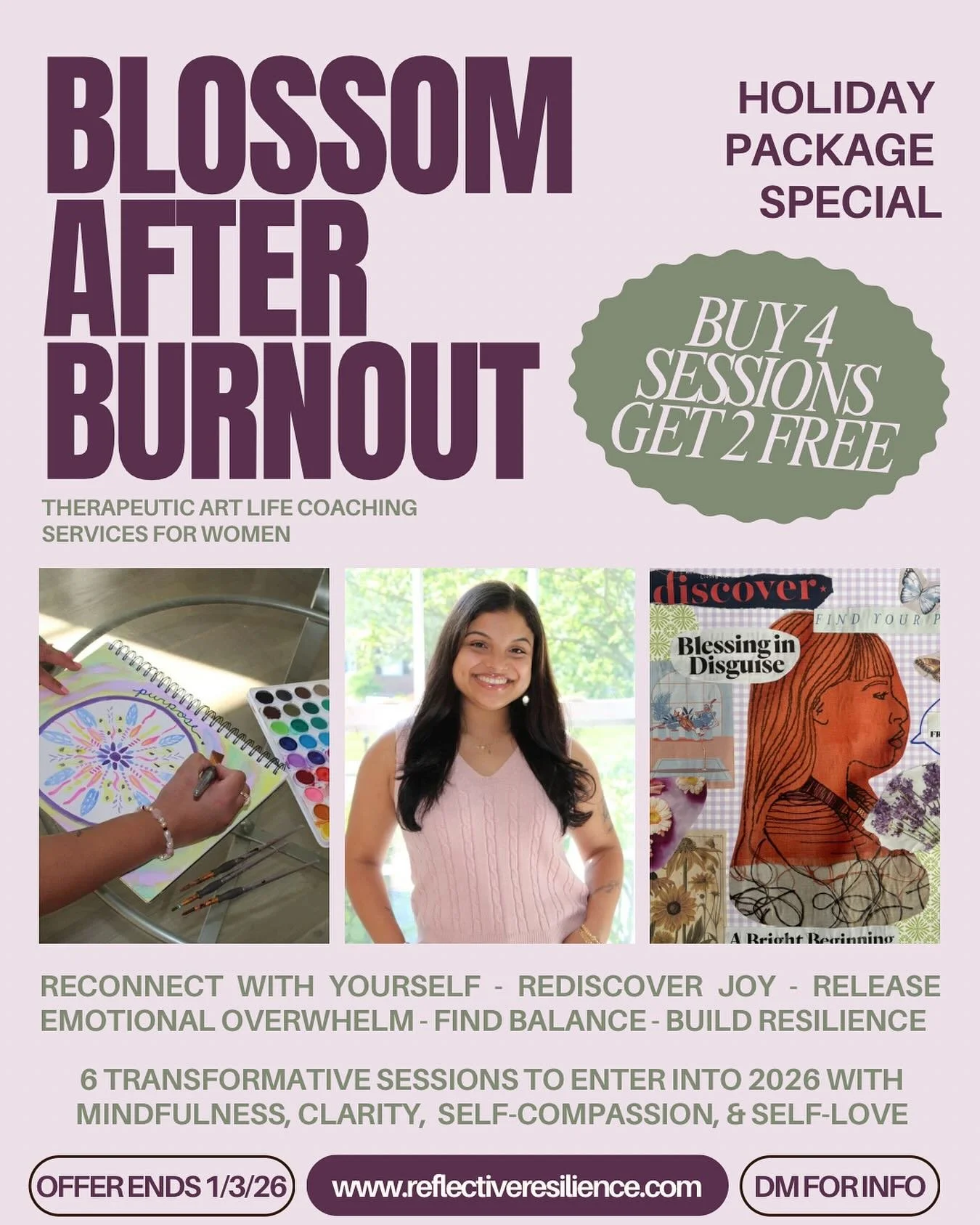 Looking to blossom after burnout?🌟🩷
Step into 2026 with clarity, self-compassion, and inner peace through 6 transformative therapeutic art life coaching sessions.
&bull;
My biggest offer yet, buy 4 sessions and get 2 FREE✨Invest in your self-care r