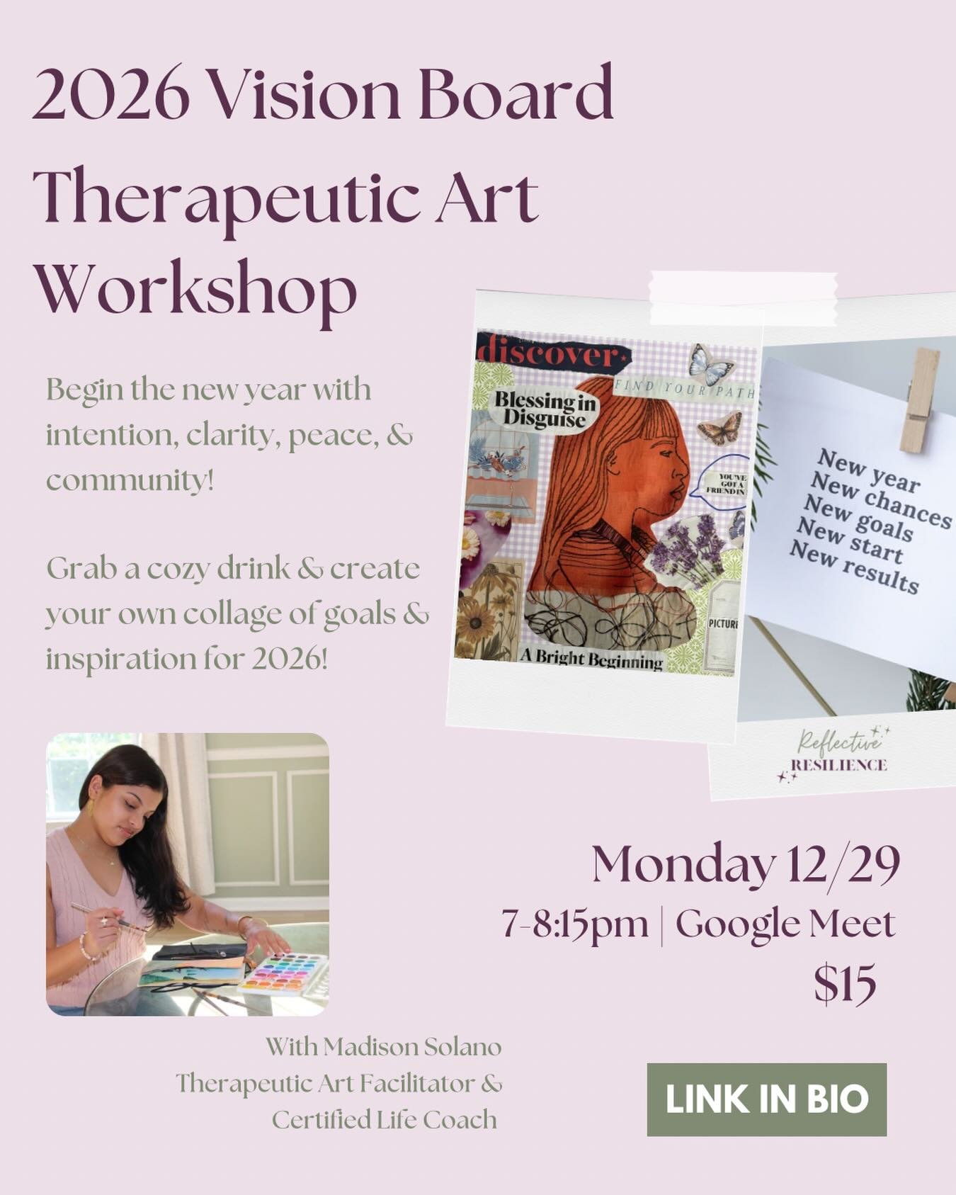 MY LAST WORKSHOP OF 2025💕🌟
Let&rsquo;s ring in the new year with clarity, intention, &amp; creativity in community!!
&bull;
2026 Vision Board Therapeutic Art Workshop
Monday 12/29
7-8:15pm
Online via Google Meet
&bull;
Join us for a night of relaxa