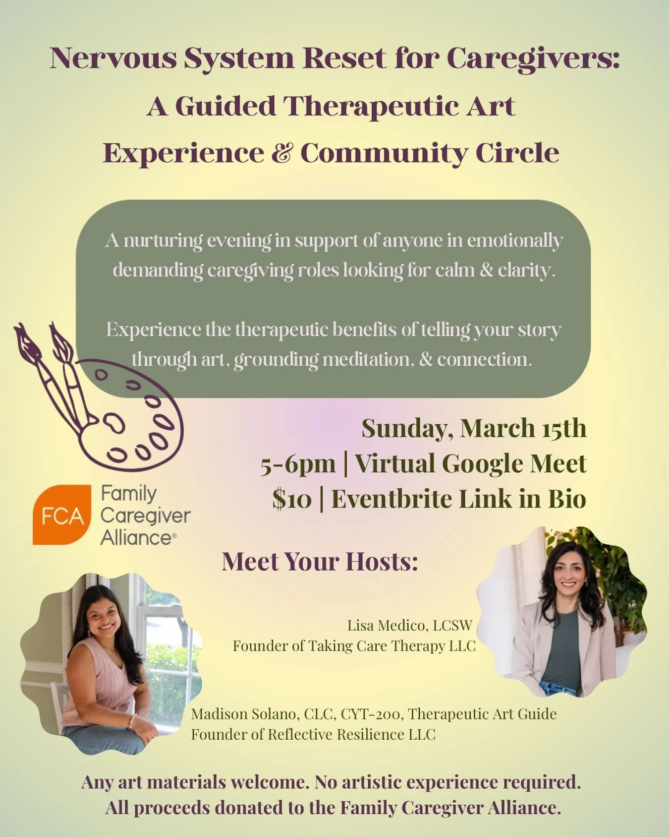 CALLING ALL CAREGIVERS🫂👩🏻&zwj;🍼🏥
This virtual event is for you✨
&bull;
Nervous System Reset for Caregivers: A Guided Therapeutic Art Experience &amp; Community Circle

Sunday, March 15th &bull; 5-6pm
$10 donation &bull; Virtual via Google Meet
&