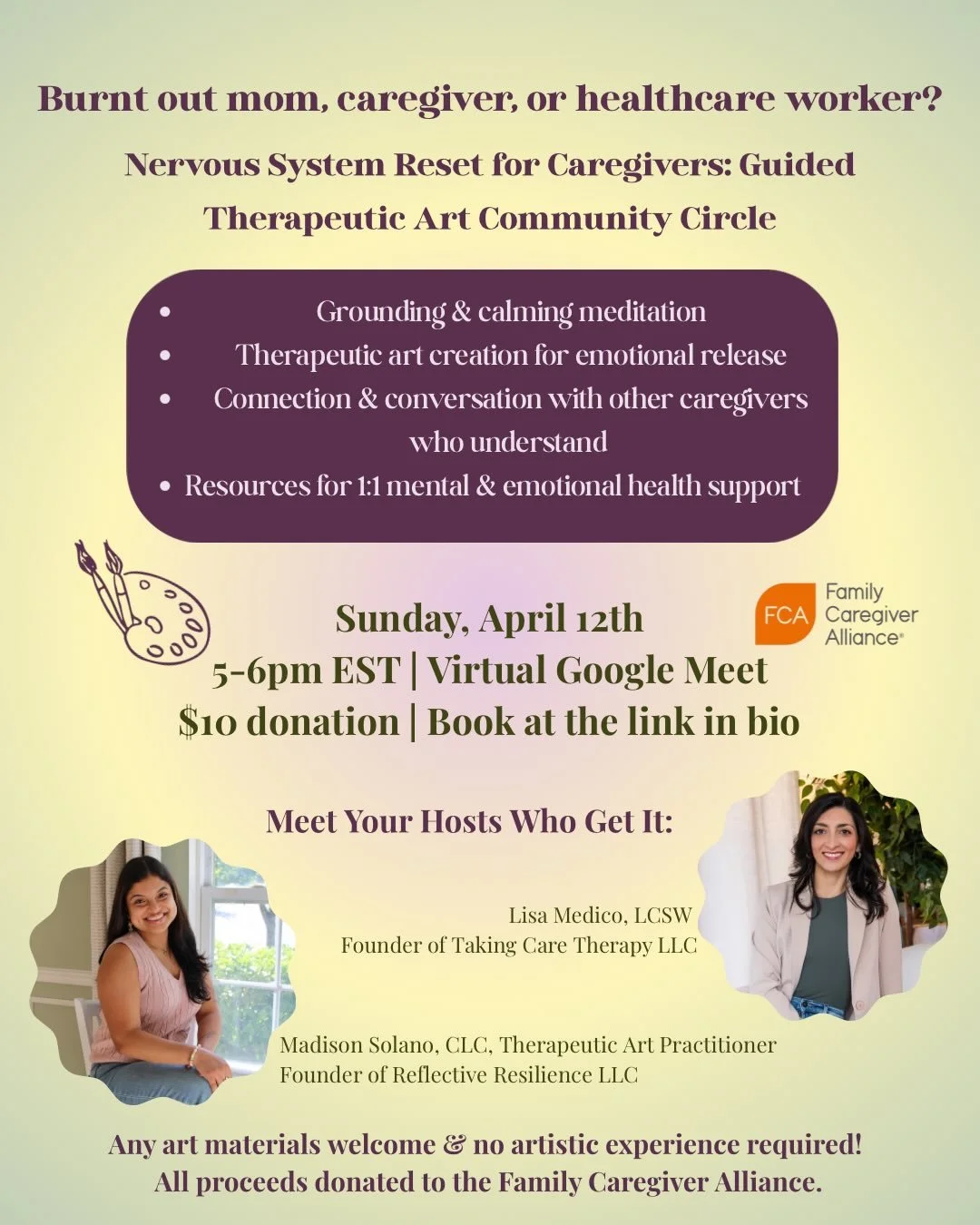 CALLING ALL CAREGIVERS🫂👩🏻&zwj;🍼🏥
This virtual event is for you✨
&bull;
Nervous System Reset for Caregivers: A Guided Therapeutic Art Experience &amp; Community Circle

Sunday, April 12th &bull; 5-6pm
$10 donation &bull; Virtual via Google Meet
&