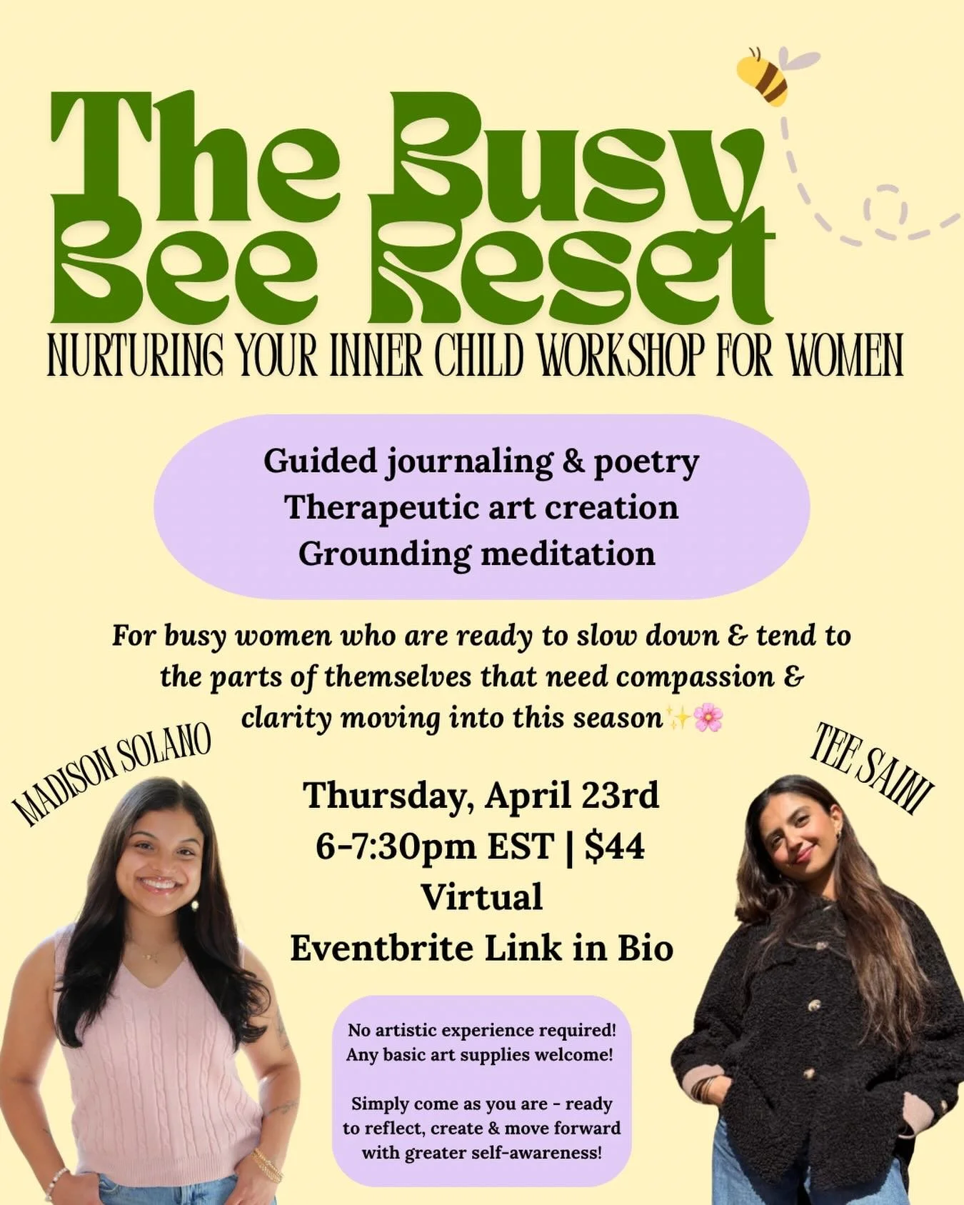 THE BUSY BEE RESET: NURTURING YOUR INNER CHILD WORKSHOP FOR WOMEN🐝🌿💫
&bull;
Spring invites us to come outward after being inwards for the long, cold winter season. Many women move through life like busy bees - always doing, tending, &amp; caring f