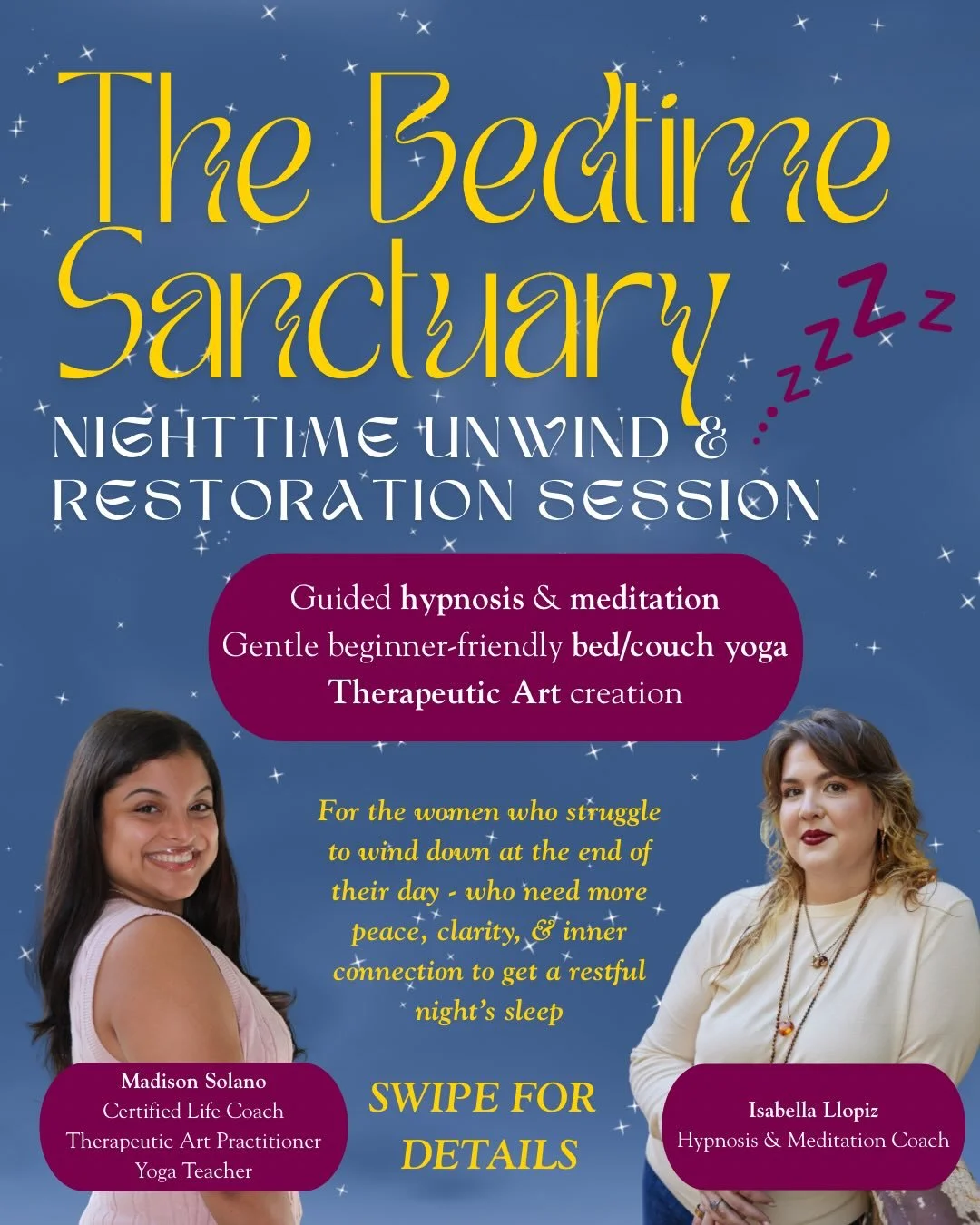 INTRODUCING THE BEDTIME SANCTUARY🌙
A Nighttime Unwind &amp; Restoration Session🌌
&bull;
Ladies, this night is for you if you are constantly overthinking at night, cannot seem to wind down your mind, or feel restless the second your head hits the pi