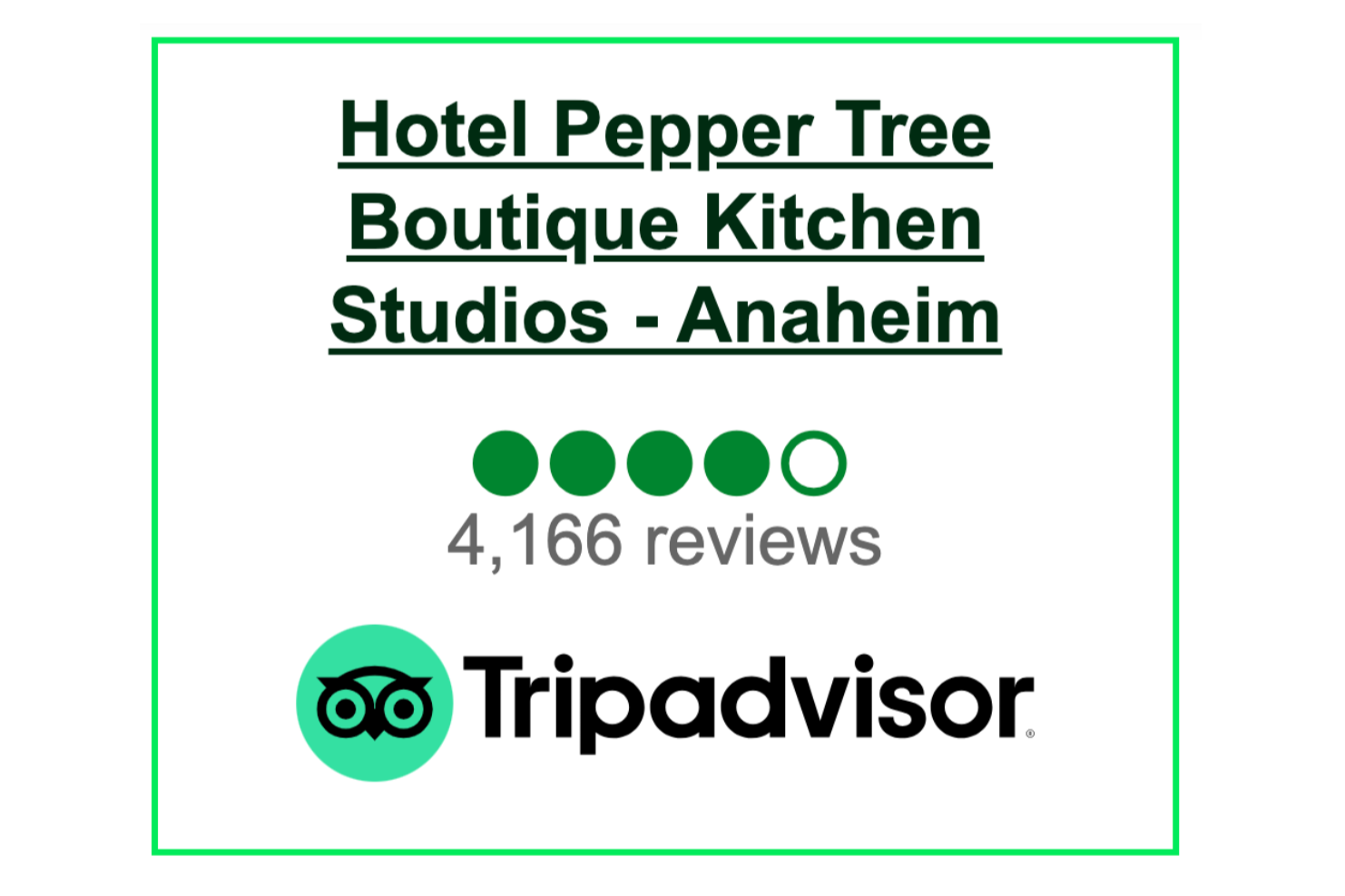 Tripadvisor review badge for Hotel Pepper Tree Boutique Kitchen Studios in Anaheim, showing a 4 out of 5 rating based on 4,166 reviews, with the Tripadvisor logo and green border.
