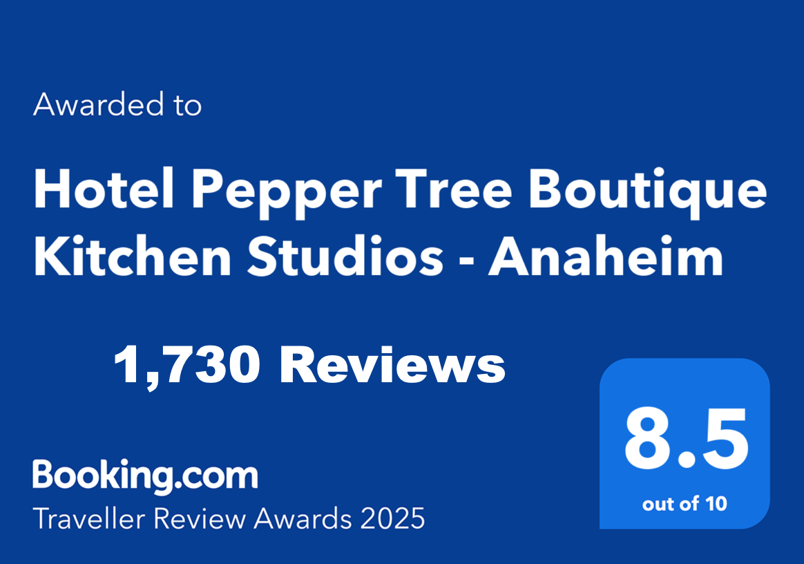 Digital award plaque from Booking.com for Hotel Pepper Tree Boutique Kitchen Studios in Anaheim, noting 1,730 reviews and a rating of 8.5 out of 10, from the Traveller Review Awards 2025.