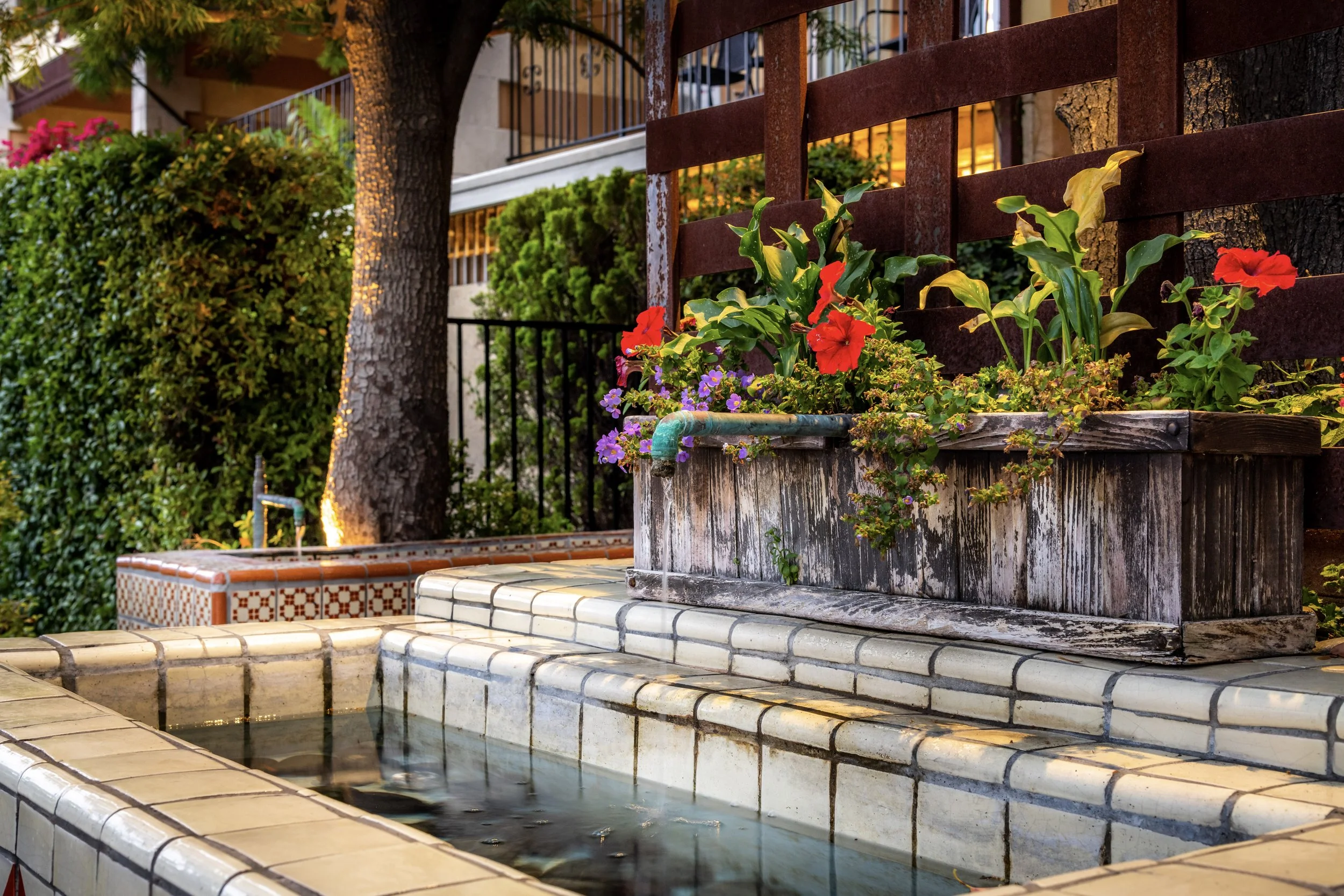 A small outdoor fountain with water and a wooden planter box filled with colorful flowers, situated beside a garden with green bushes, trees, and a building with balconies in the background.