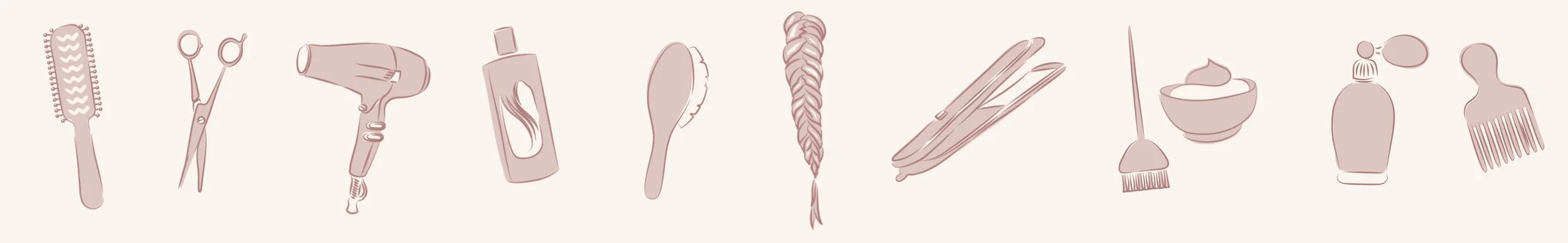 hand drawn hairdressing symbols like brushes, scissors, shampoo bottles and combs