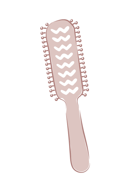 An illustration of a hairbrush with a pink handle and bristles.