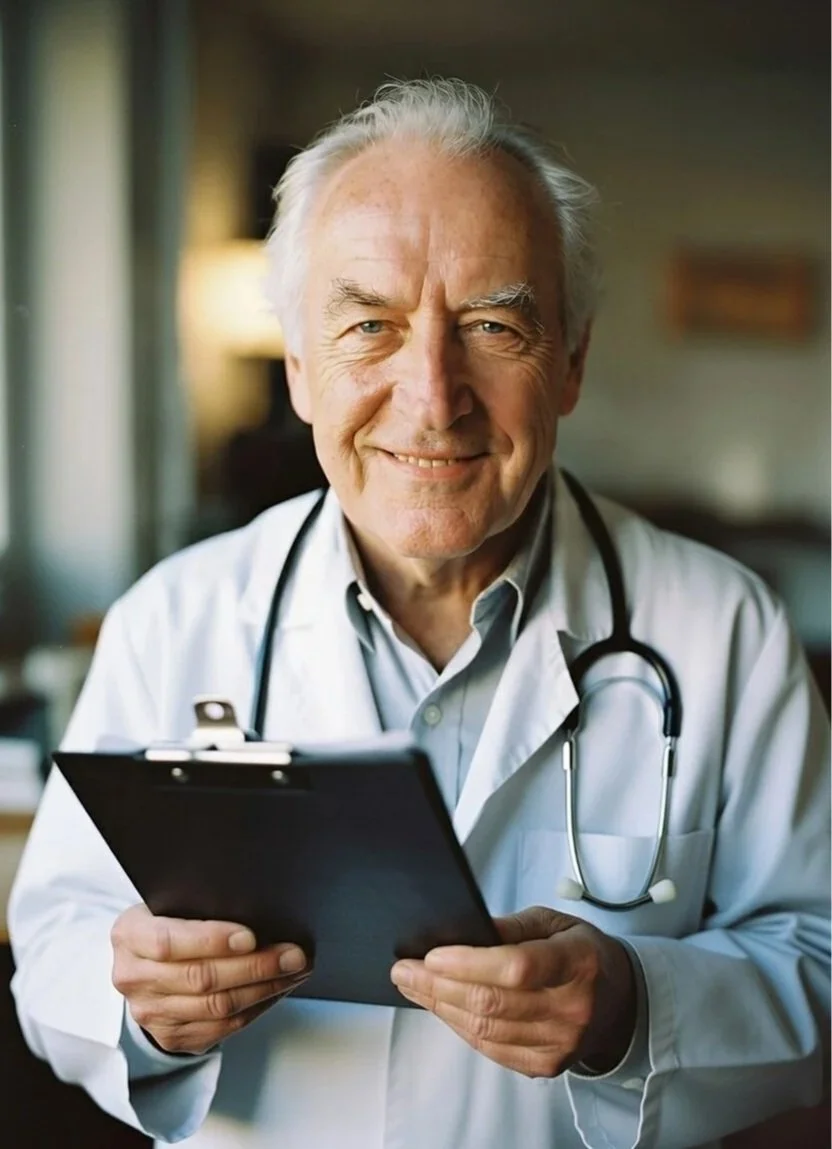 An elderly male doctor with white hair, wearing a white coat and stethoscope, holding a clipboard and smiling in a warmly lit room.