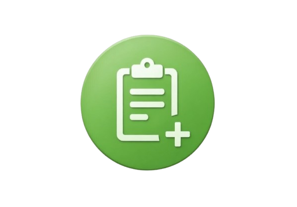 Green circular icon with a clipboard and plus sign symbol.