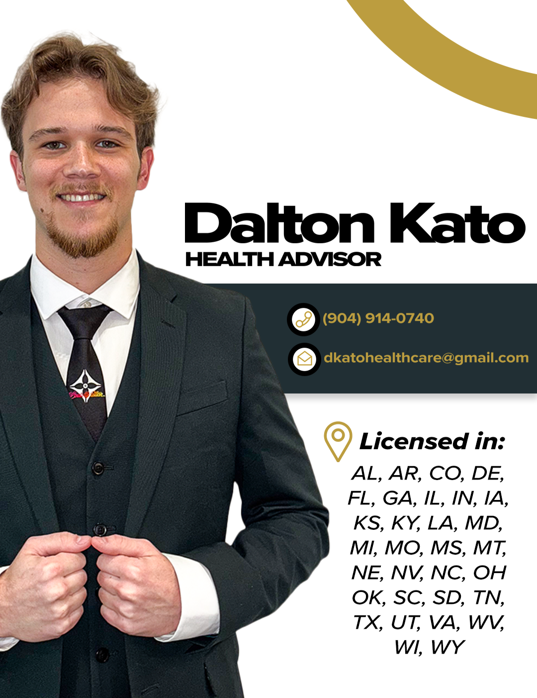 Business card for Dalton Kato, a health advisor, featuring his photograph, contact information, and a list of states where he is licensed.
