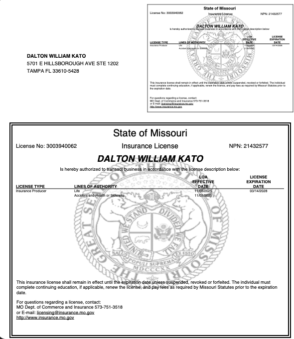 Missouri insurance license for Dalton William Kato with official seal and license details.