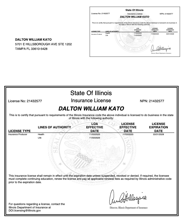 Illinois insurance license issued to Dalton William Kato, with license number 21432577, effective from November 3, 2023, to March 31, 2028, for health and life insurance.