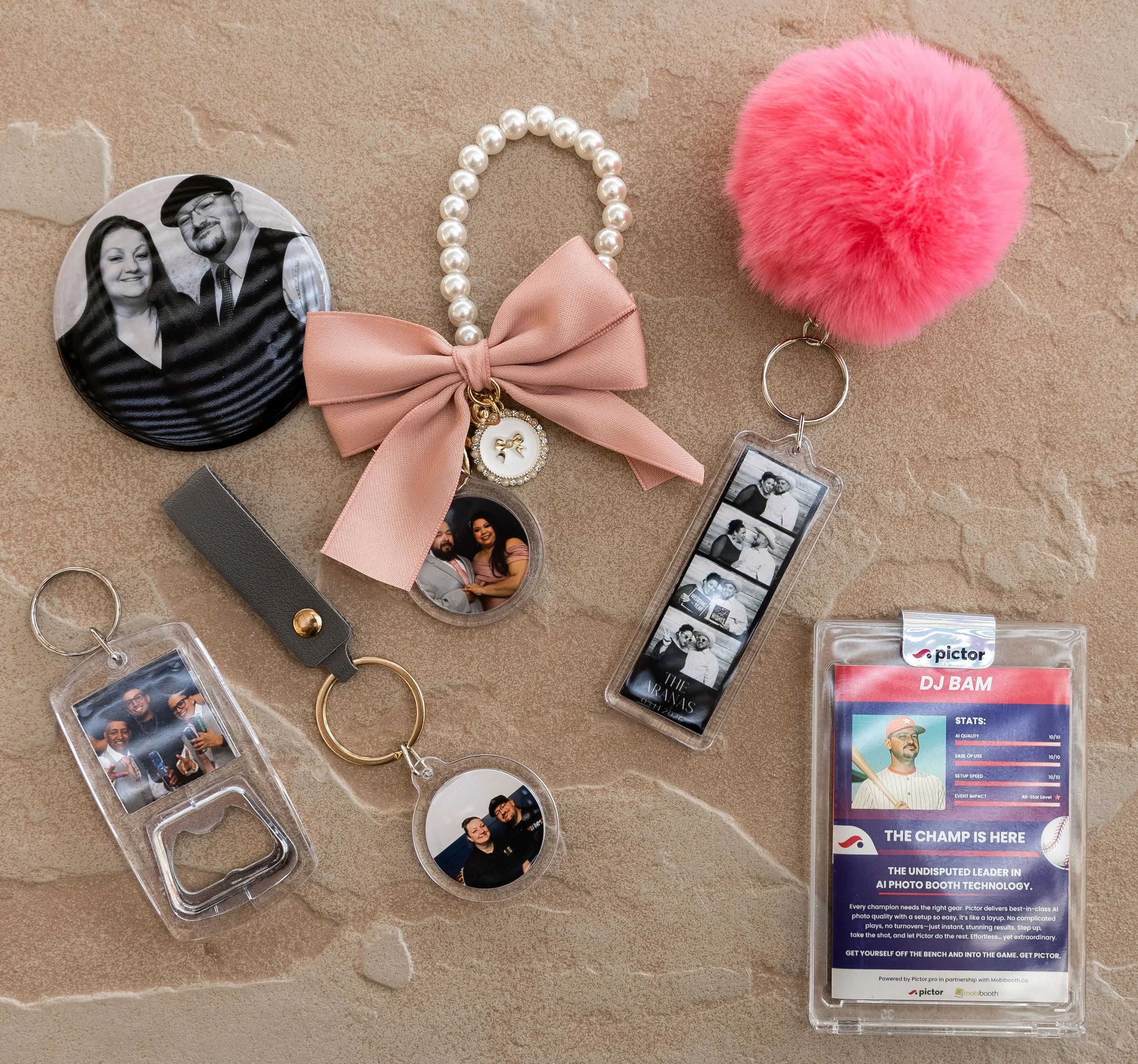 Photo booth keepsake options featuring personalized keychains, buttons, magnets, bottle openers, mirrors, frames, sports-style trading cards, and NFC mini-CDs for digital sharing by Patty’s Pix.