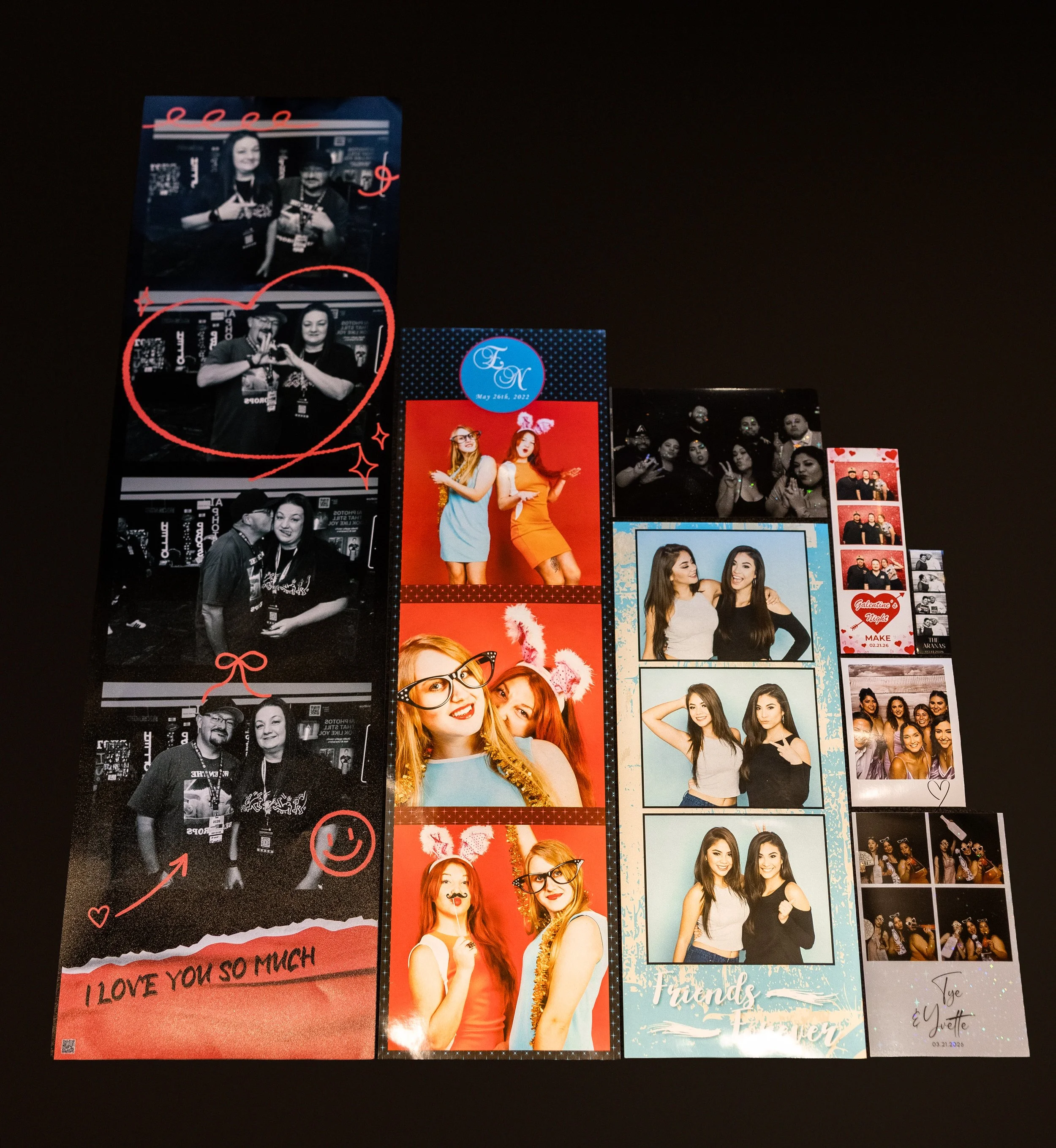 Assorted photo booth print sizes and layouts including 2x6 strips, mini prints, jumbo formats, and instant-style prints showcasing custom event designs by Patty’s Pix.