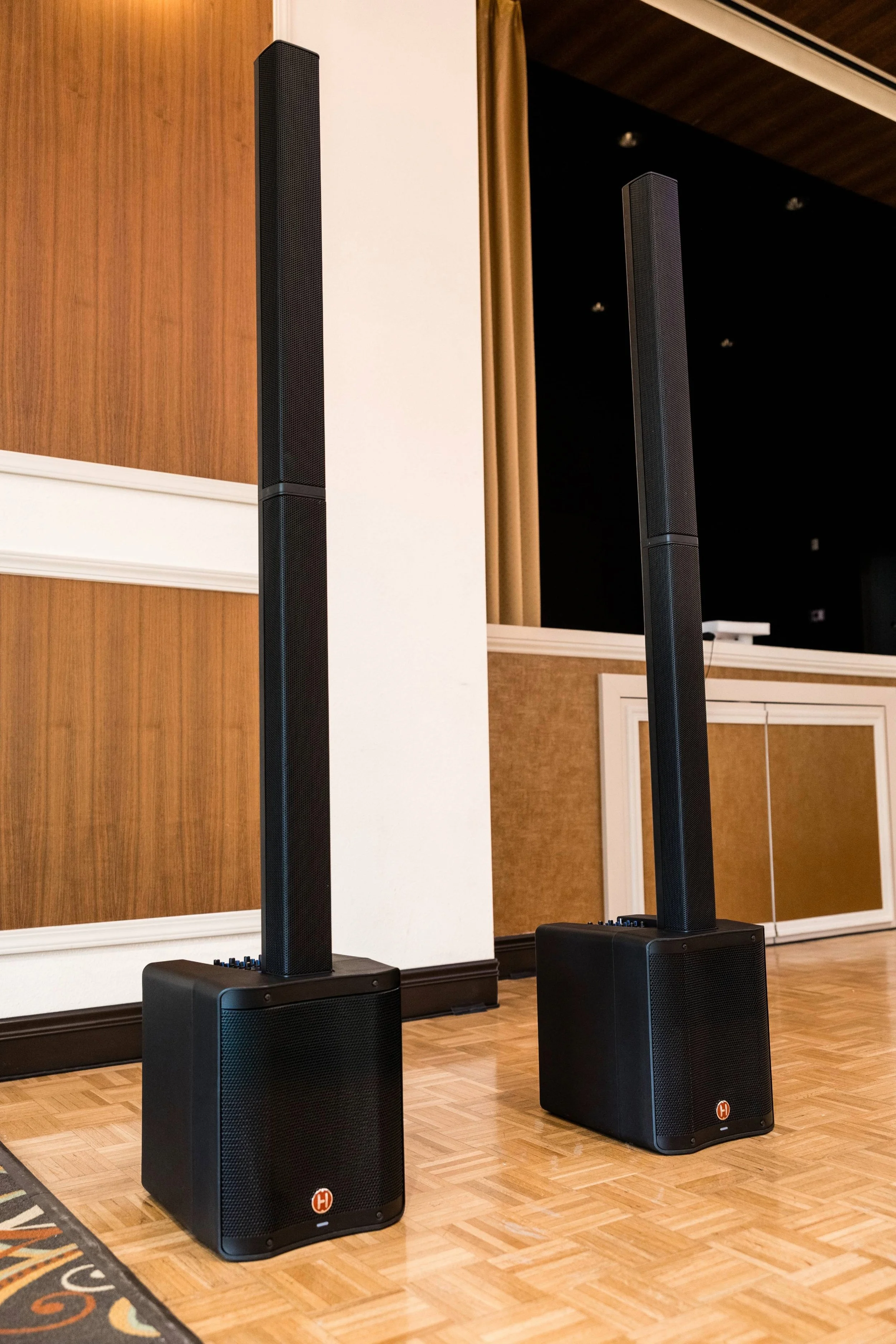 Compact column array speaker system with subwoofers for small event DJ setup, ideal for backyard and intimate venues by DJ Bam