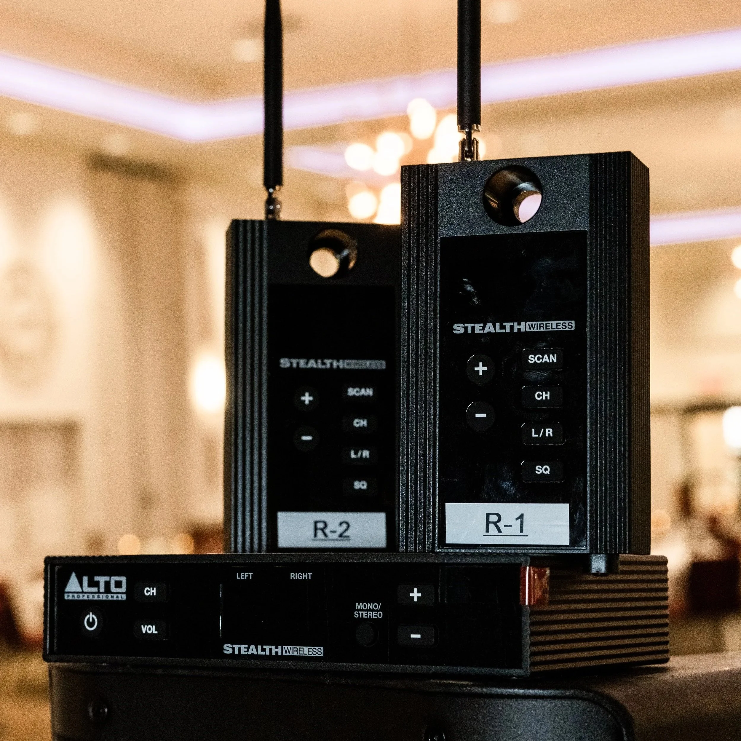 Professional wireless audio system used to extend sound to additional rooms and outdoor areas for events, DJ Bam setup