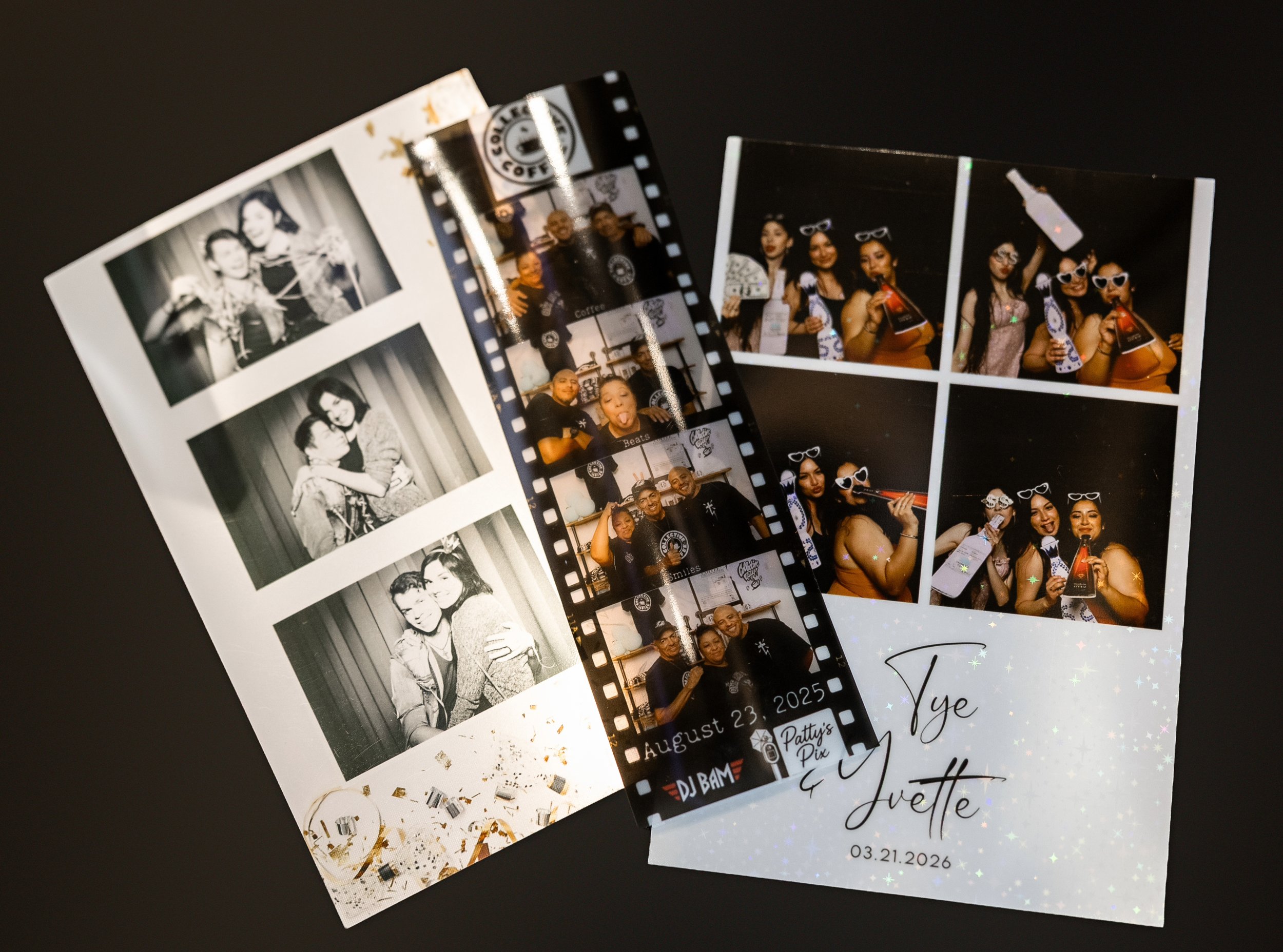 Sample photo booth prints featuring metallic, transparent, and holographic finishes with custom designs and event branding, Patty’s Pix by Inclusive Entertainment