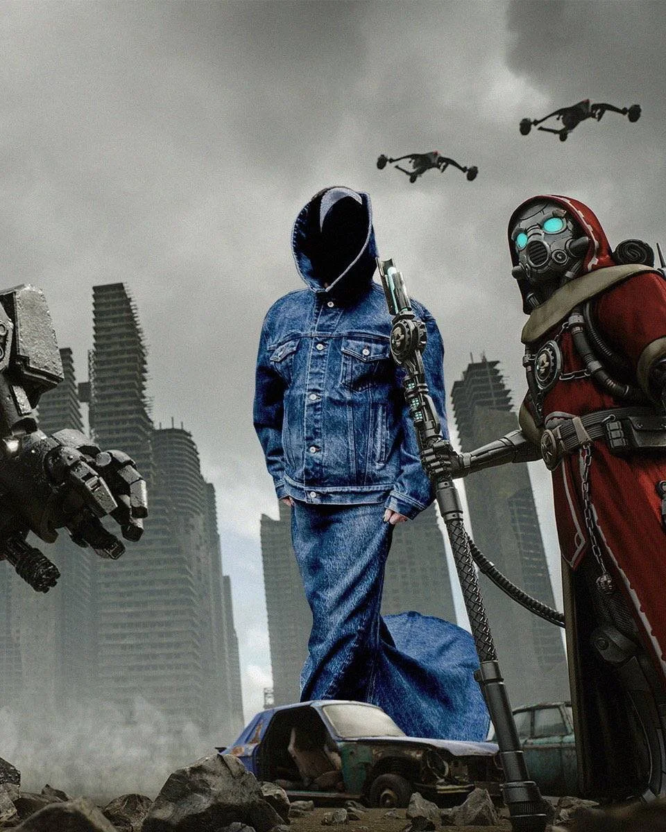 Alien and human in visor mask walking next to each other