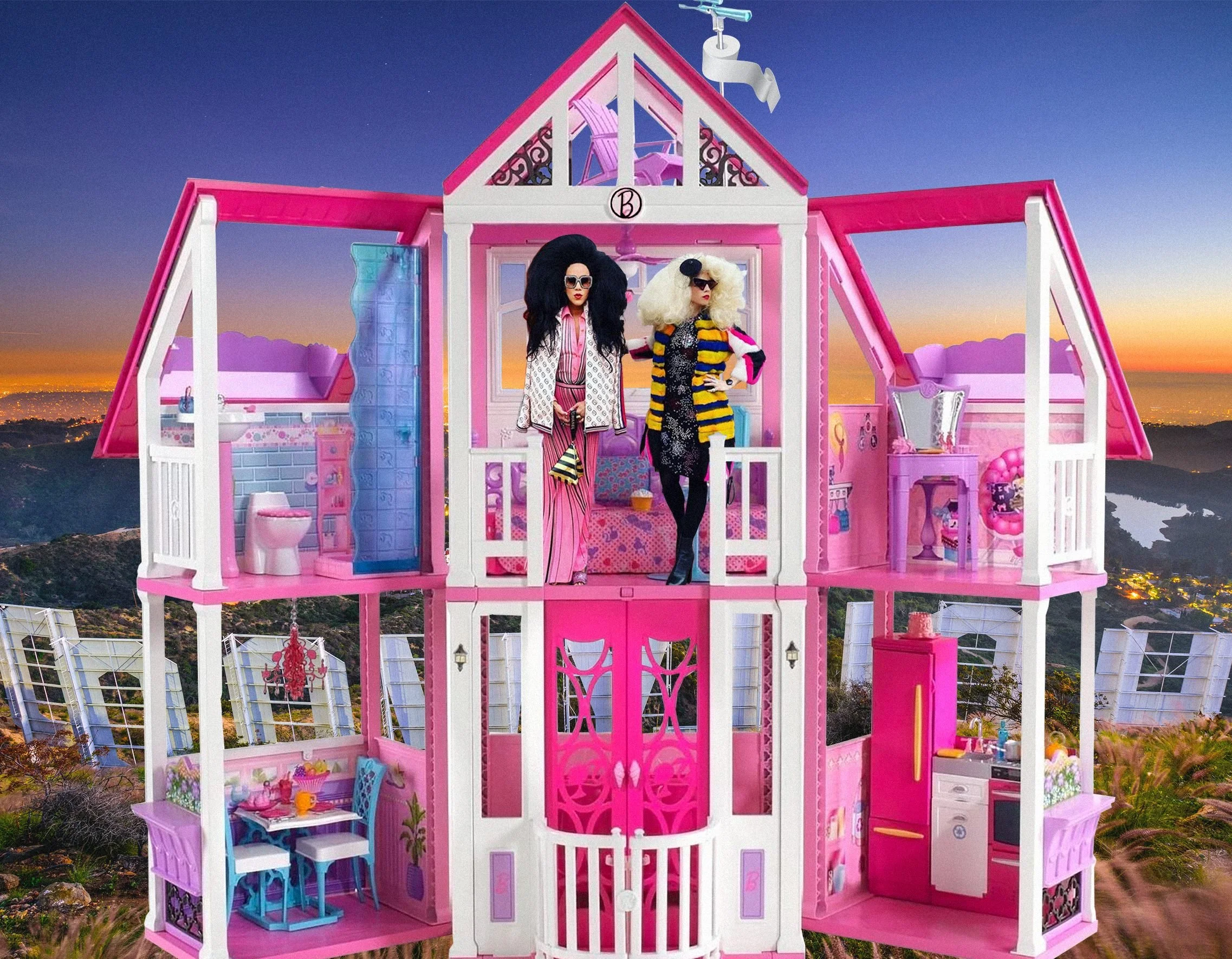 two women in a Barbie doll house