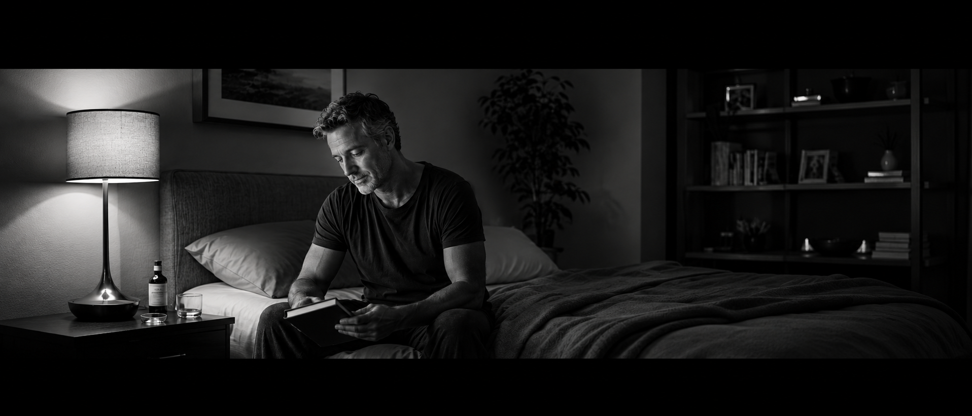 Middle-aged man reading in bed during a quiet nighttime wind-down routine, illustrating healthy sleep habits and recovery