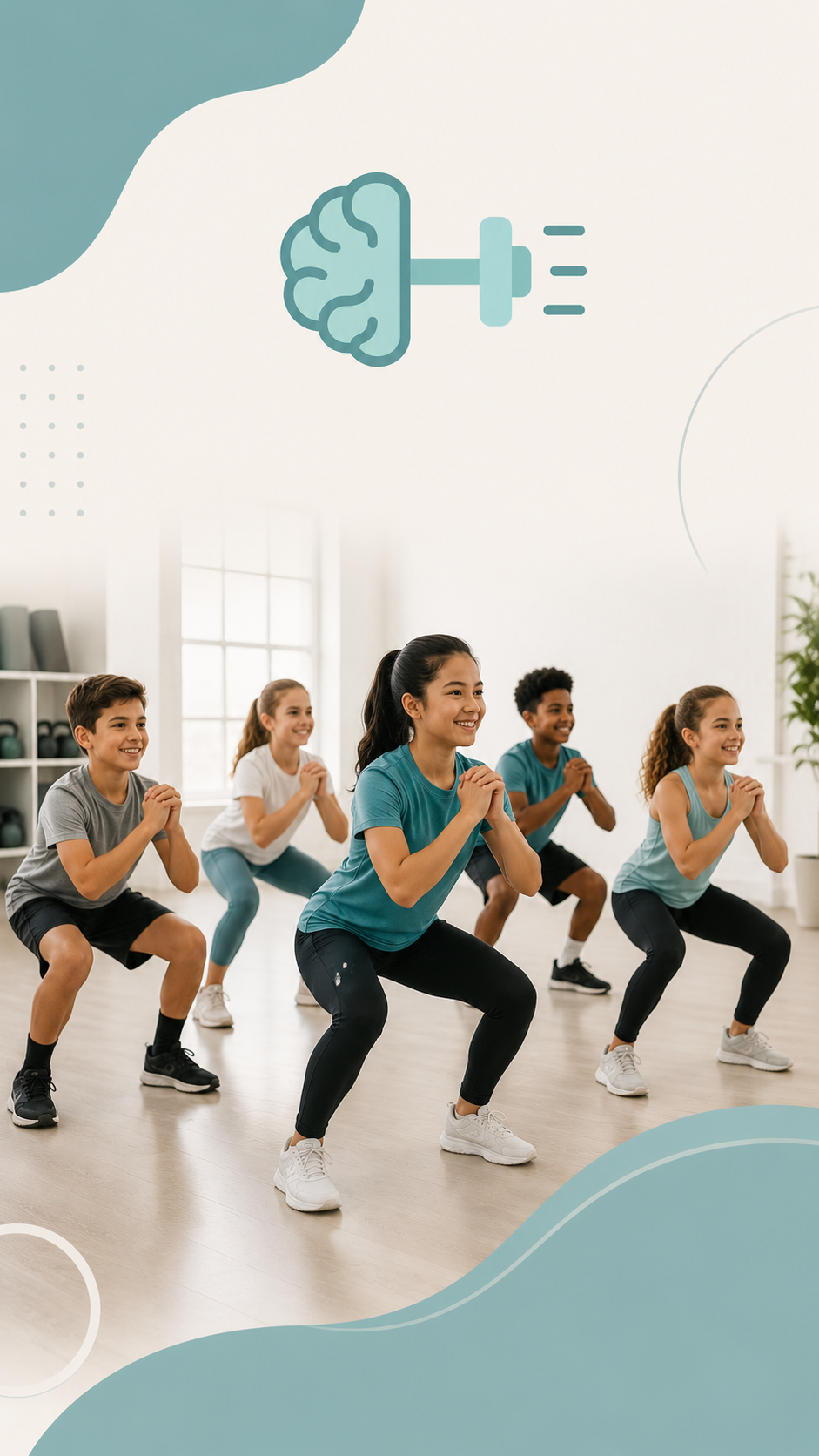 Group of children doing squats in a gym or exercise class with a graphic of a brain and dumbbell above them.