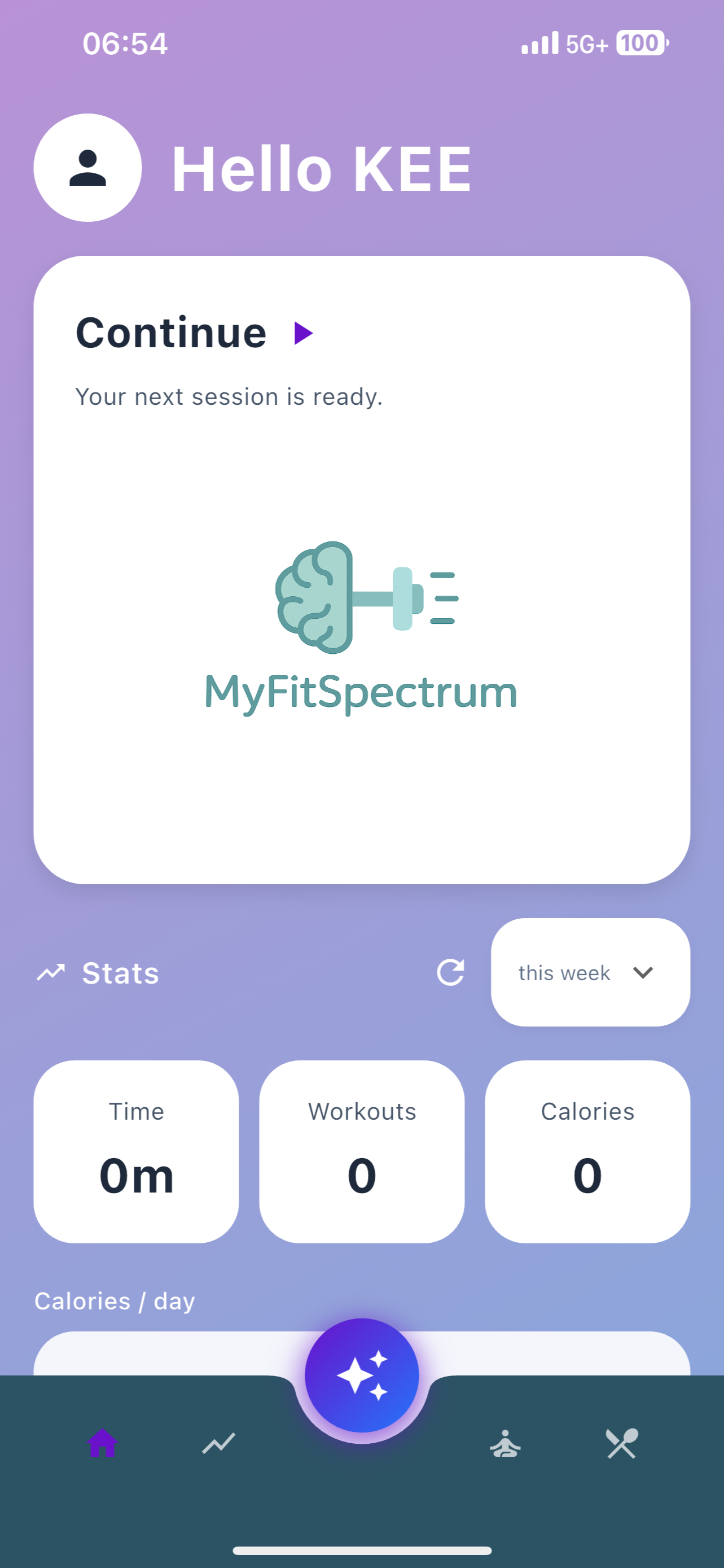Mobile app interface with a purple background showing a greeting 'Hello KEE' and a section labeled 'Continue' with a brain and plug icon, and text 'MyFitSpectrum'. At the bottom are tabs labeled 'Home', 'Stats', and others.