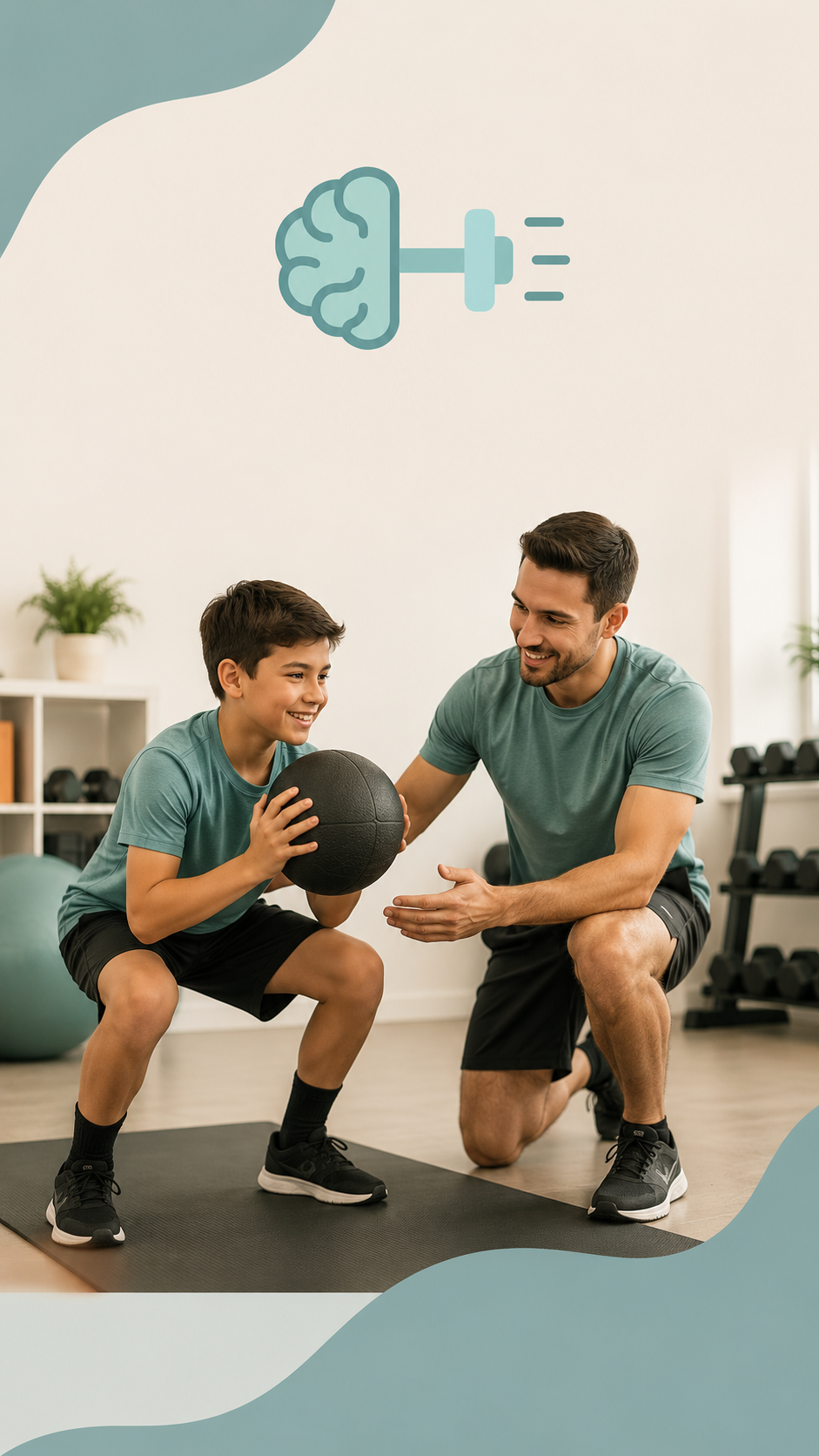 A young boy lifting a medicine ball with a trainer guiding him during a workout session in a gym.