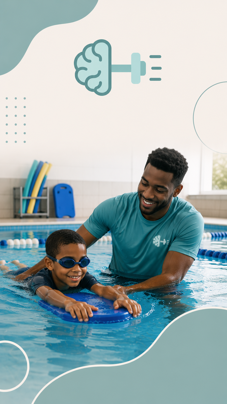 A swimming instructor coaching a young boy with goggles in an indoor swimming pool. The instructor is wearing a shirt with a brain and dumbbell icon, and they both are smiling.